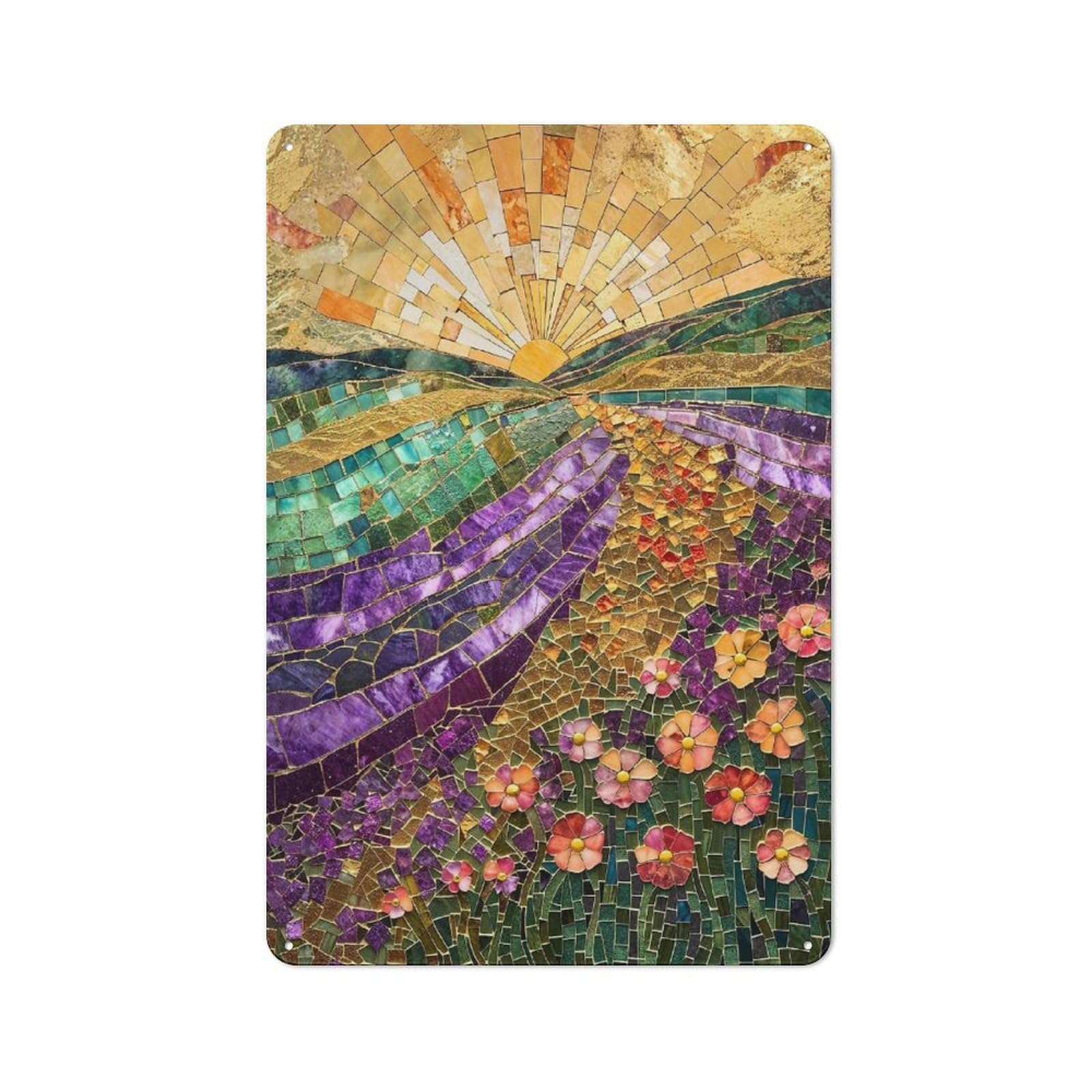Junmoney Blooming Sunrise Mosaic Rustic Tin Wall Plaque 30X20cm, Rustic Kitchen Decor For Cottage, Kitchen, Hallway Or Breakfast Nook