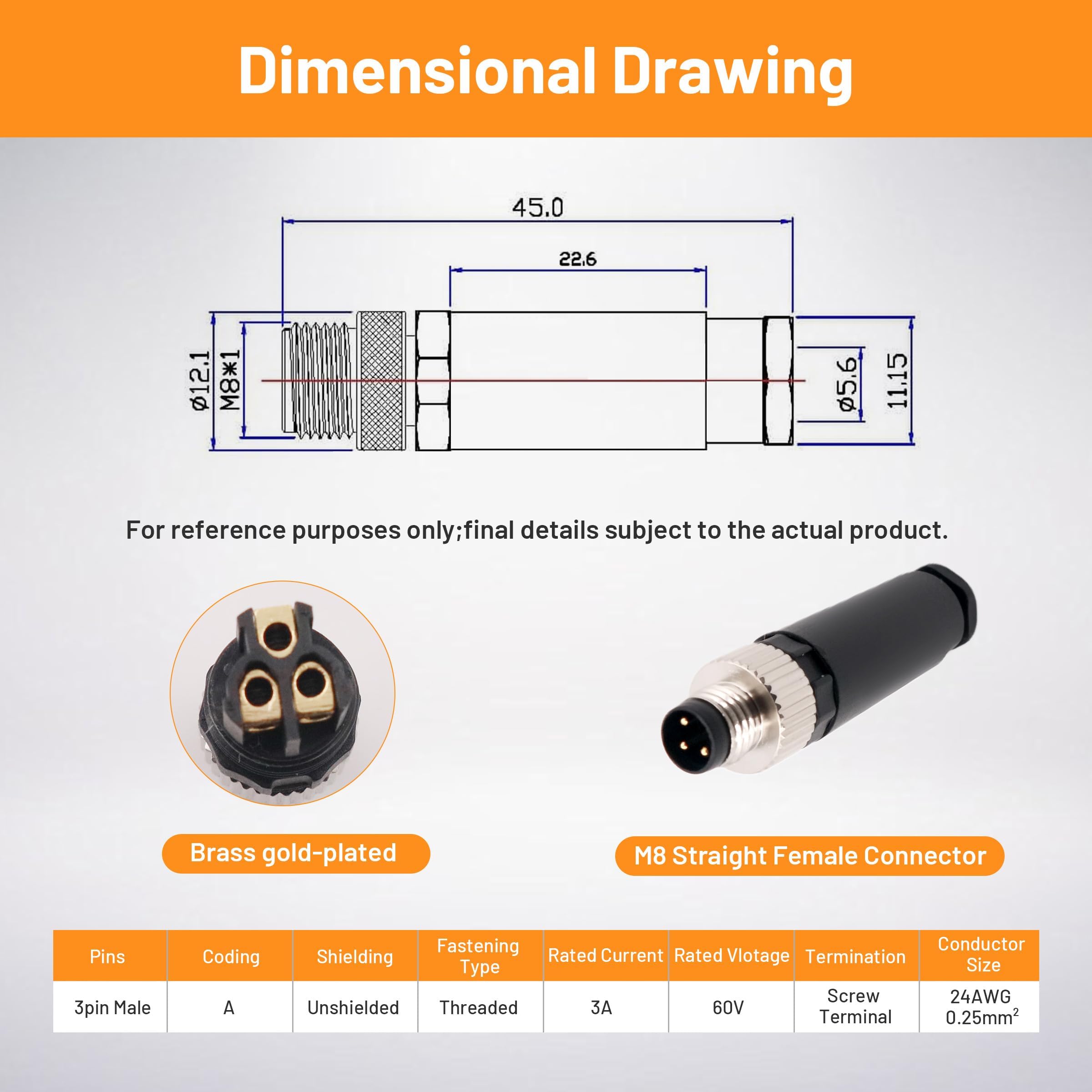 M8 3 polig männlicher Steckverbinder, 8 mm Sensorkabelstecker A Code Gewindesicherung M8 Aviation Stecker Rundsteckverbinder IP67 Wasserdicht Industrieller Rundstecker für den Außenbereich