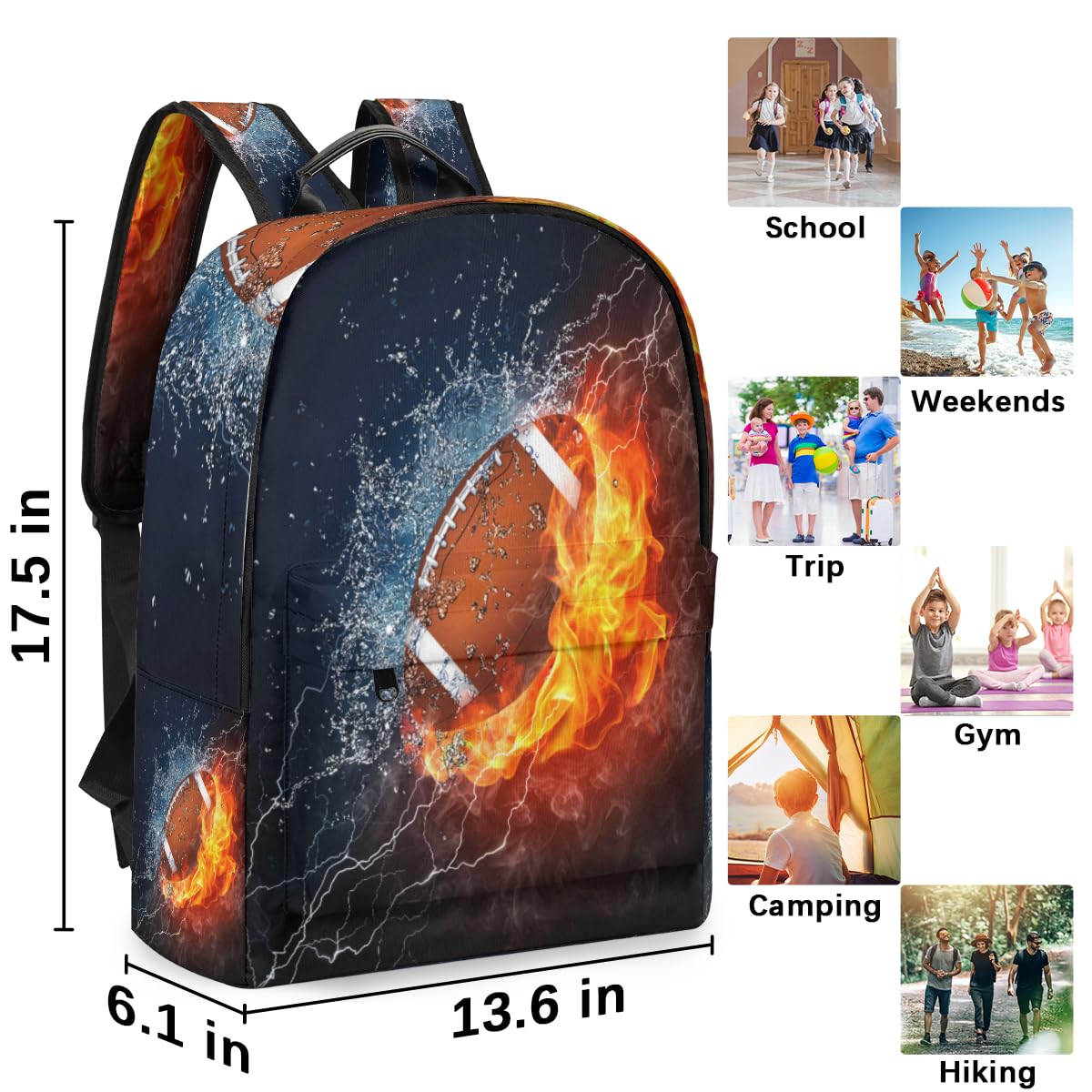 TropicalLife Plecak piłkarski dla mężczyzn, kobiet, dzieci, dziewcząt, chłopców, woda i ogień, plecak piłkarski, duża pojemność, 23,5 l, plecak szkolny, torba na książki, podróż, na co dzień, torba na