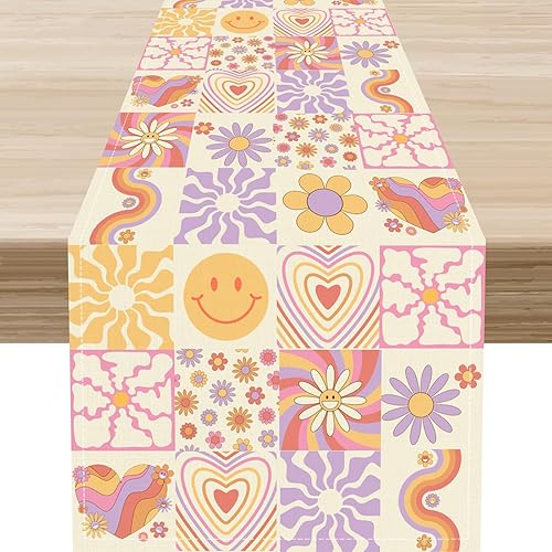 Miniatura 1 de 70s Table Runner, Rustic Blue Wavy Grid Floral Modern Retro Boho Hippie 1960s Abstract Coffee Table Center Decor for Family Kitchen and Dining