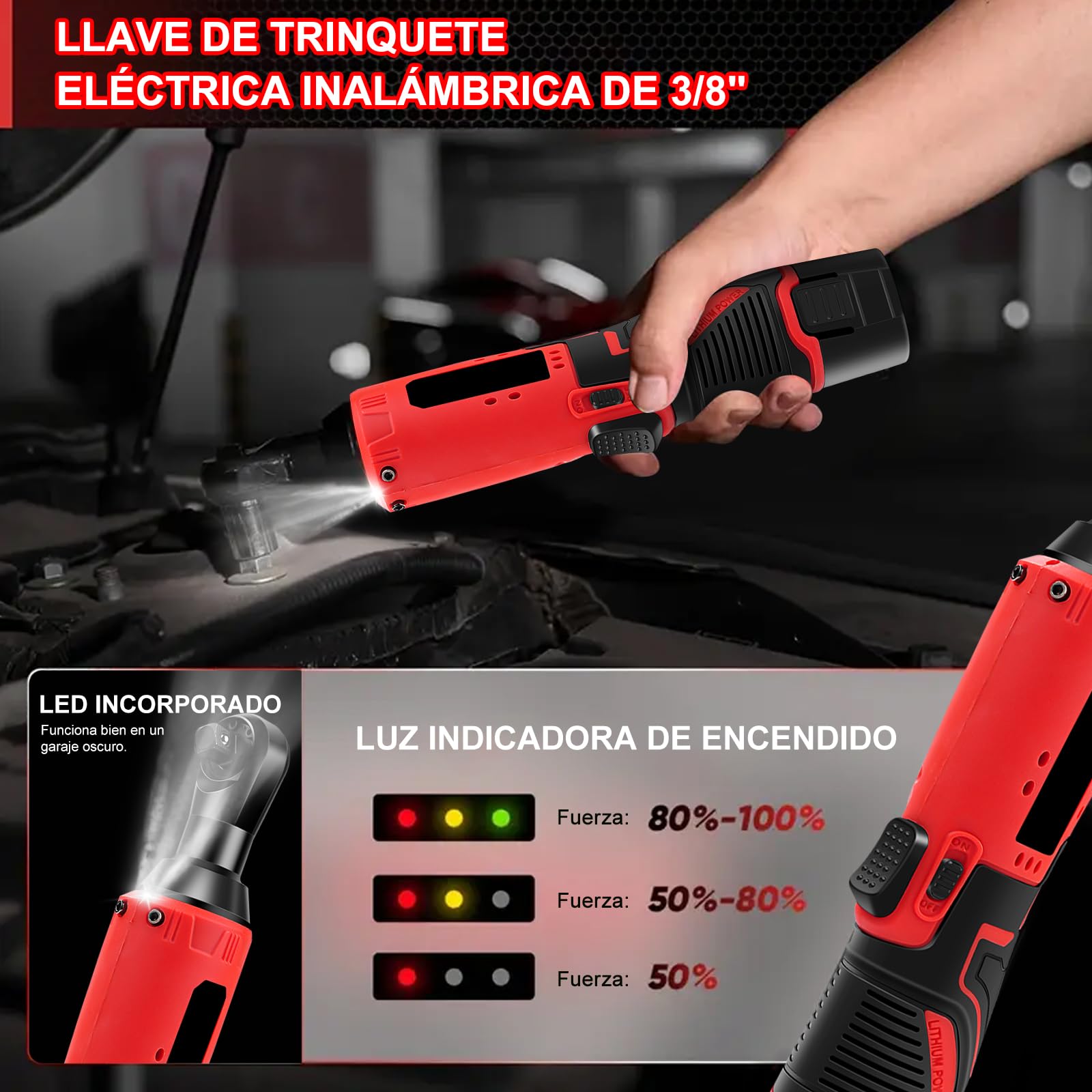Llave de Carraca Eléctrica Inalámbrica, 12V 3/8" juego de llaves de trinquete eléctricas 35 Nm con 2 baterías de 1500 mAh y 7 enchufes para Reparación de Automóviles y Mantenimiento de Fontanería