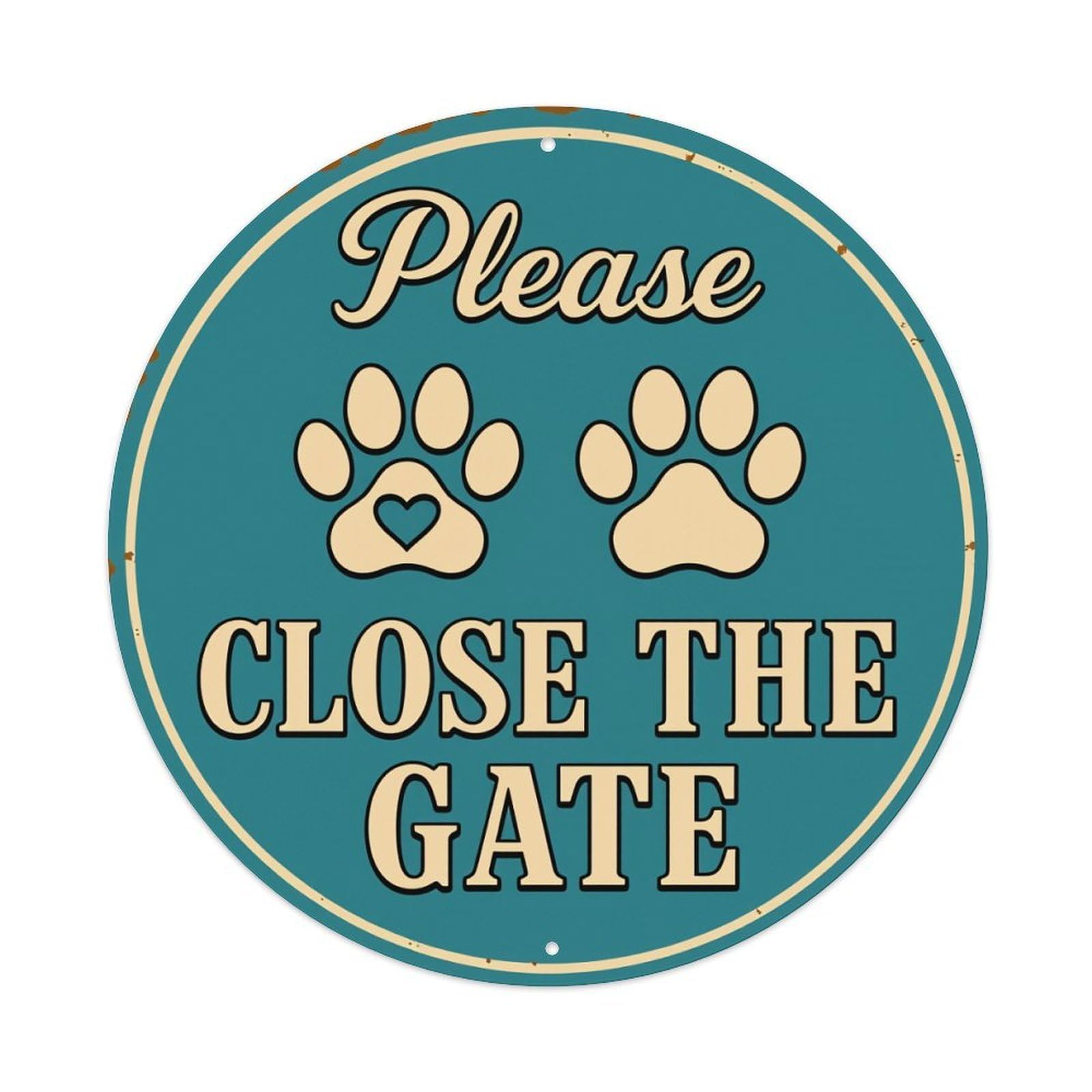 Please Close The Gate Paw Prints Sign Round Vintage Tin Sign,Retro Wall Art,Metal Poster for Home, Bar, Garage, Cafe, Rustic Indoor & Outdoor Decor, 8x8 Inches