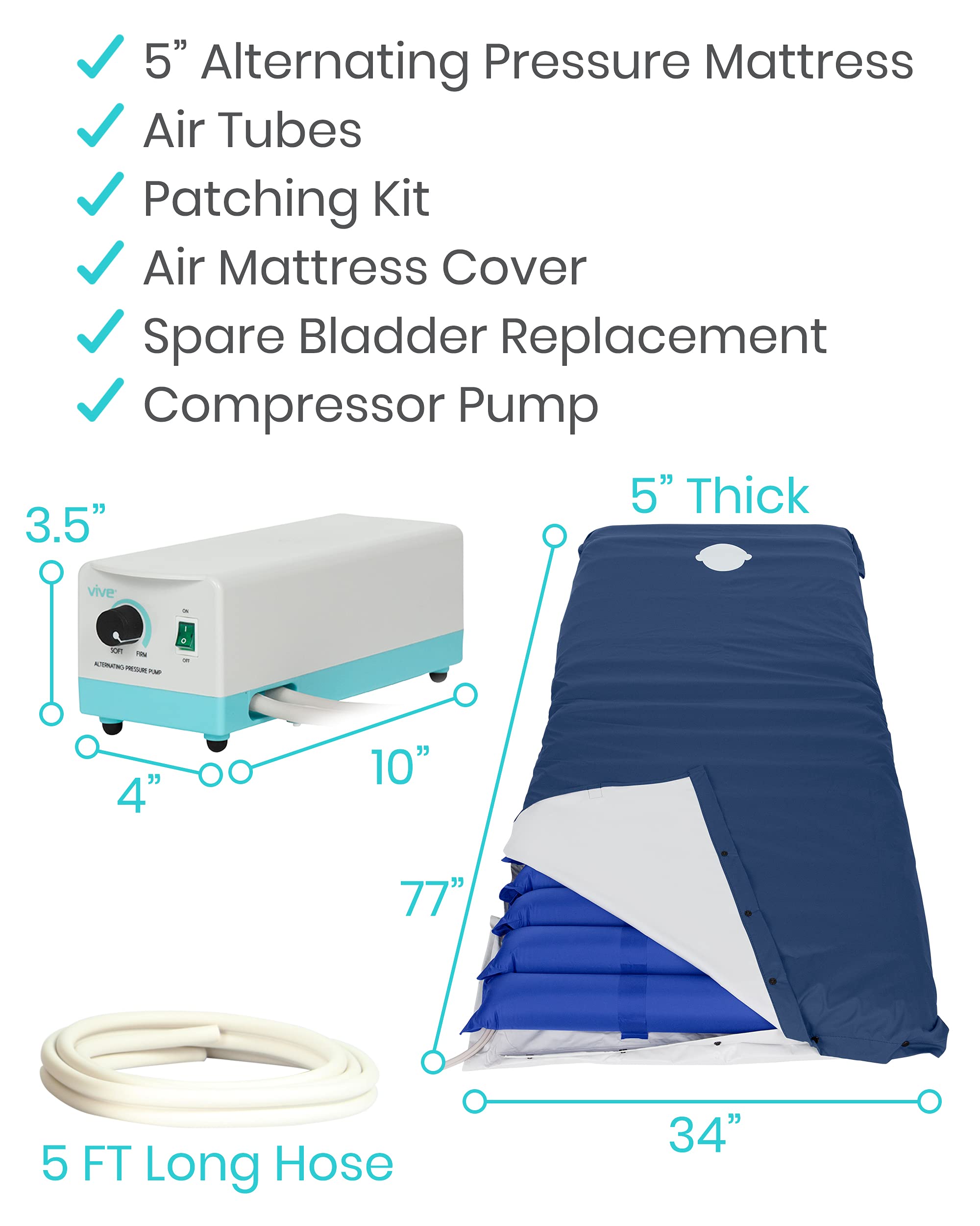 Vive Alternating Pressure Mattress 5" Air Topper Pad for Bed Sore