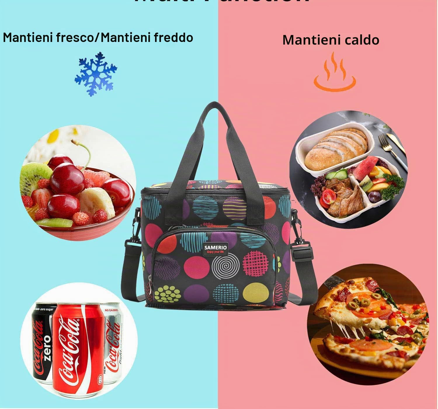 Borsa Termica Donna Pranzo Riutilizzabile Cinghia Regolabile Cerniera Campeggio Lavoro Scuola