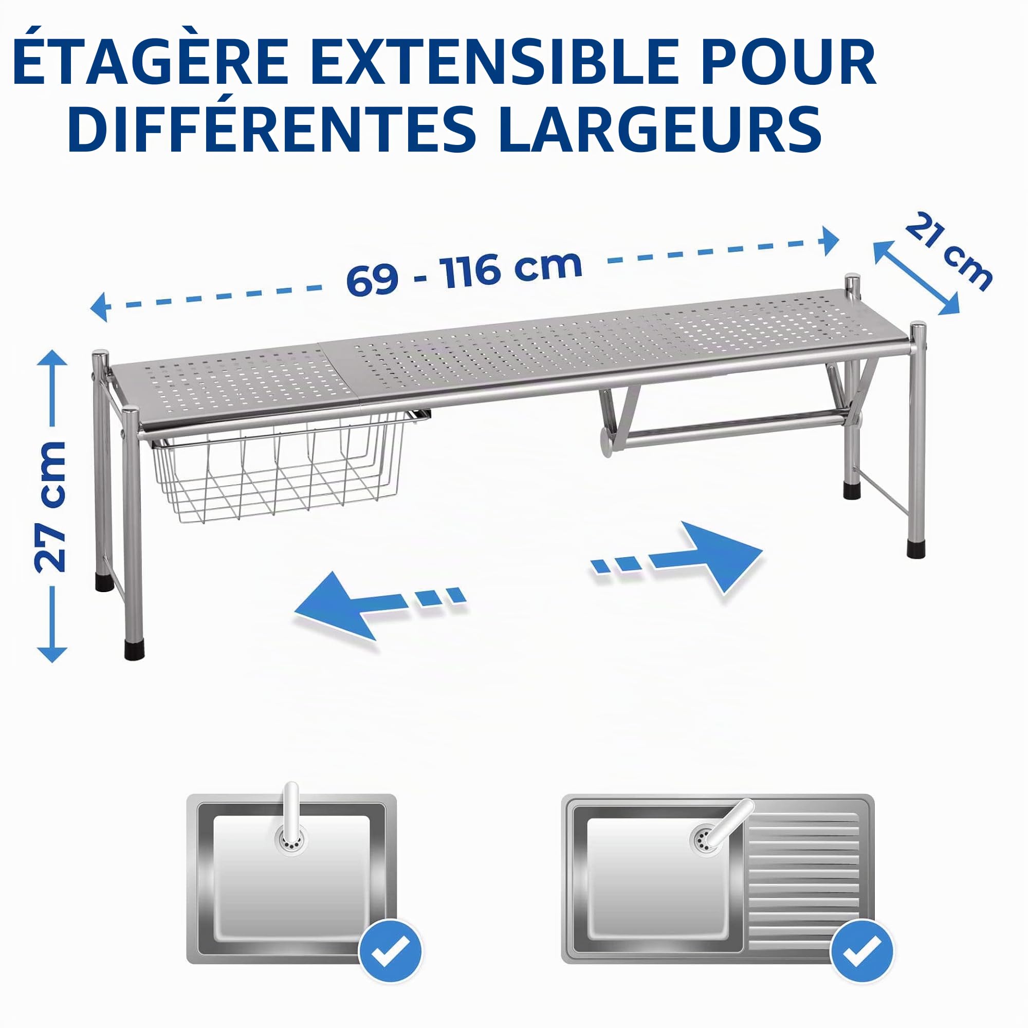 WENKO Maximex Etagère pour évier Expando, surface de rangement supplémentaire au-dessus de l'évier, extensible de 69 à 116 cm
