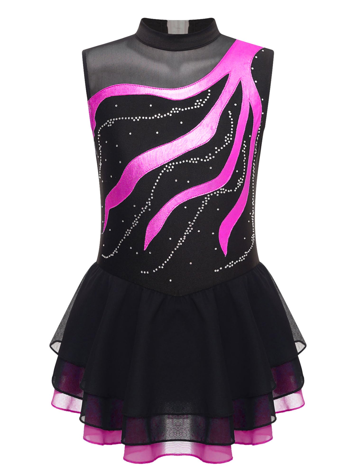 IEFIEL Vestido de Patinaje Artístico para Niña Maillot Ballet con Falda Malla de Gimnasia Rítmica sin Mangas con Lentejuelas Brillantes Vestido de Danza Lírica — view 28
