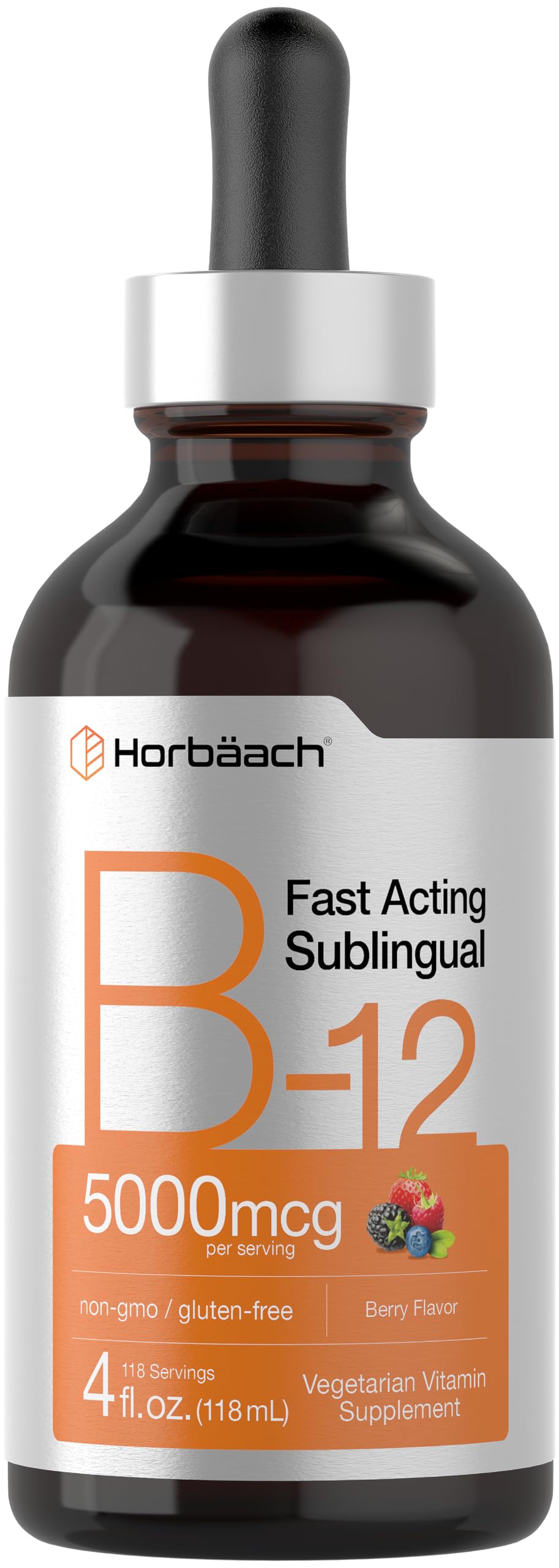 Horbaach B12 Vitamin 5000 mcg Sublingual | 4 Fl Oz | as Methylcobalamin and Cyanocobalamin | Liquid Vegetarian Drops | Berry Flavor | Non-GMO & Gluten Free Supplement