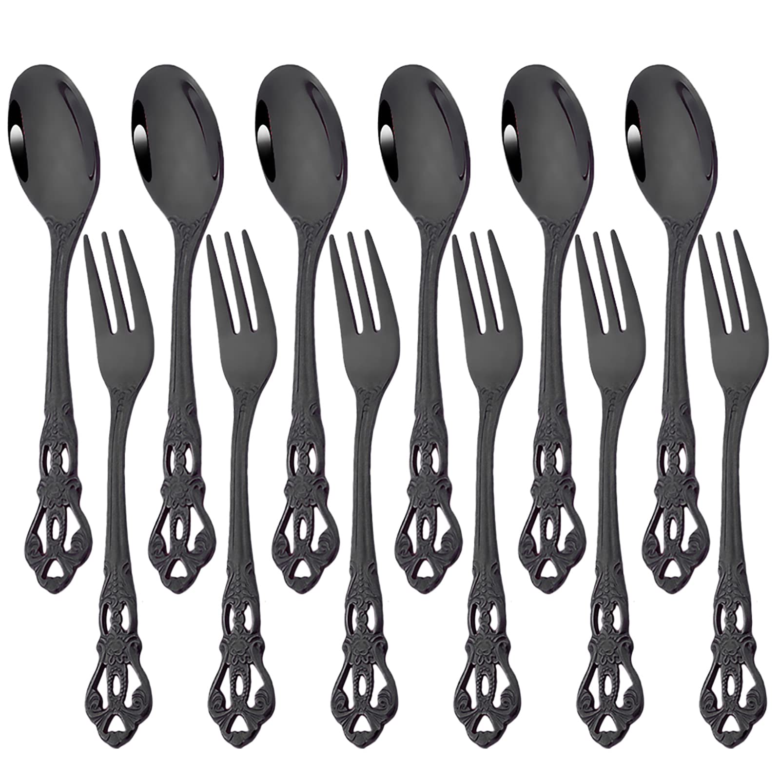 Snplowum 12-Piece Black Stainless Steel Retro Teaspoon And Cake Fruit Forks, Kitchen Silverware for Wedding Party Daily Use Or Restaurant Bar (6 Forks + 6 Spoons)