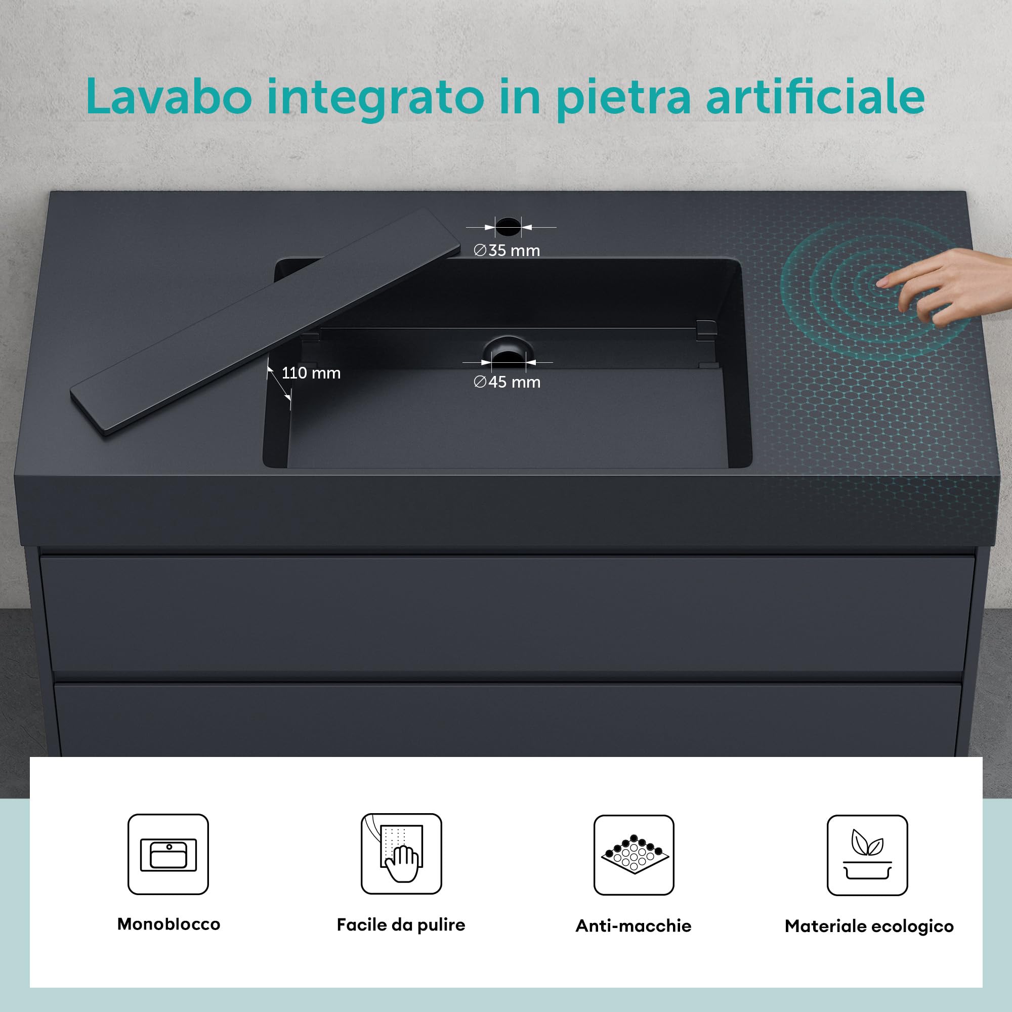 doporro Mobile Bagno Sospeso Mobiletto Sottolavabo da 120 cm Bianco Opaco con Lavabo Integrato | Set Mobile Include Lavandino Antracite in Marmoresina e 2 Cassetti Soft Close Serie Deep