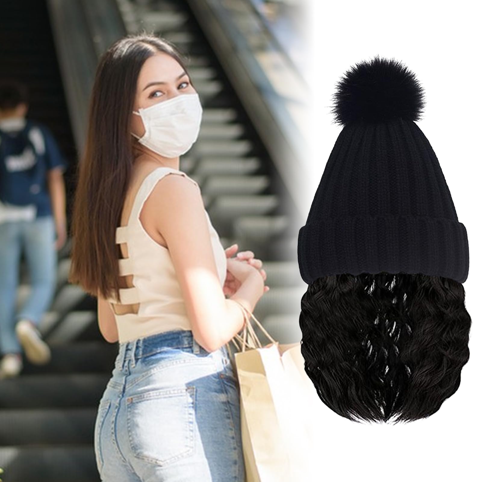 Berretto con capelli legati per donne, cappello lavorato a maglia con parrucca integrata, morbidezza traspirante senza bordi, accessorio invernale per il tempo libero e il viaggio quotidiano