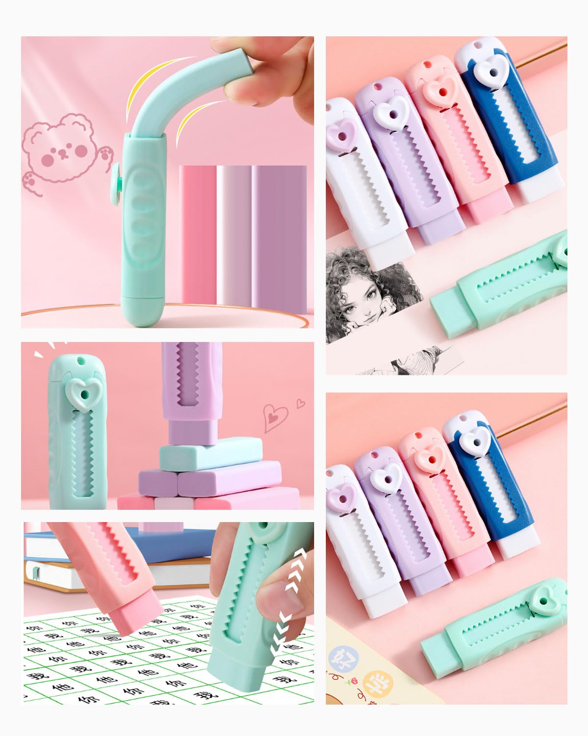 3 portaminas, portaminas con goma de borrar para niños + 4 gomas de repuesto Portaminas con goma de borrar, para escolares Material escolar (rosa)
