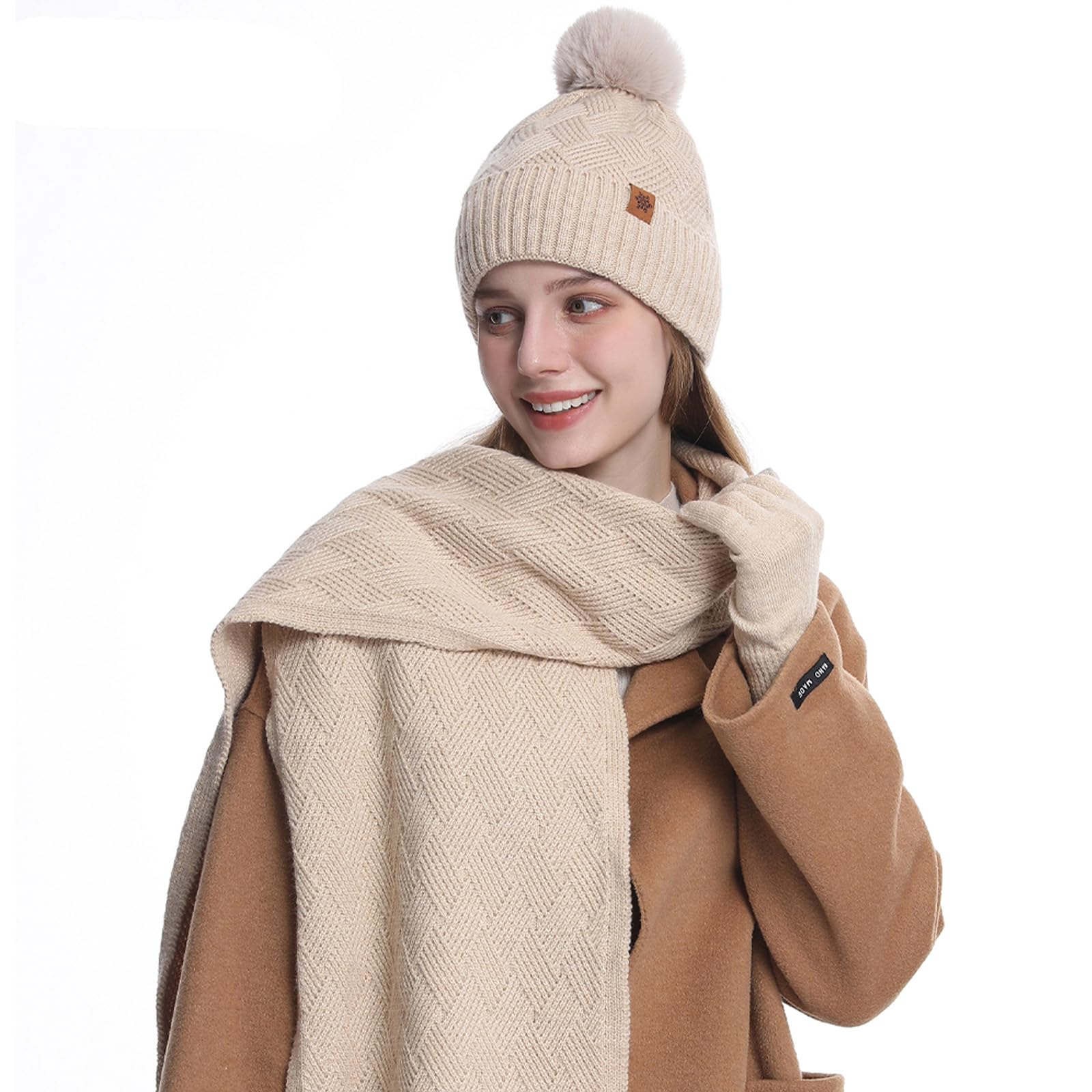 MAZELIKEHOOD Set Sciarpa Cappello Guanti Donna Inverno Caldo Cappello di Bobble con Sciarpa a Maglia e Guanti Tessuto Morbido e Comodo Accessori Moda Invernale Ideale per Regalo di Natale