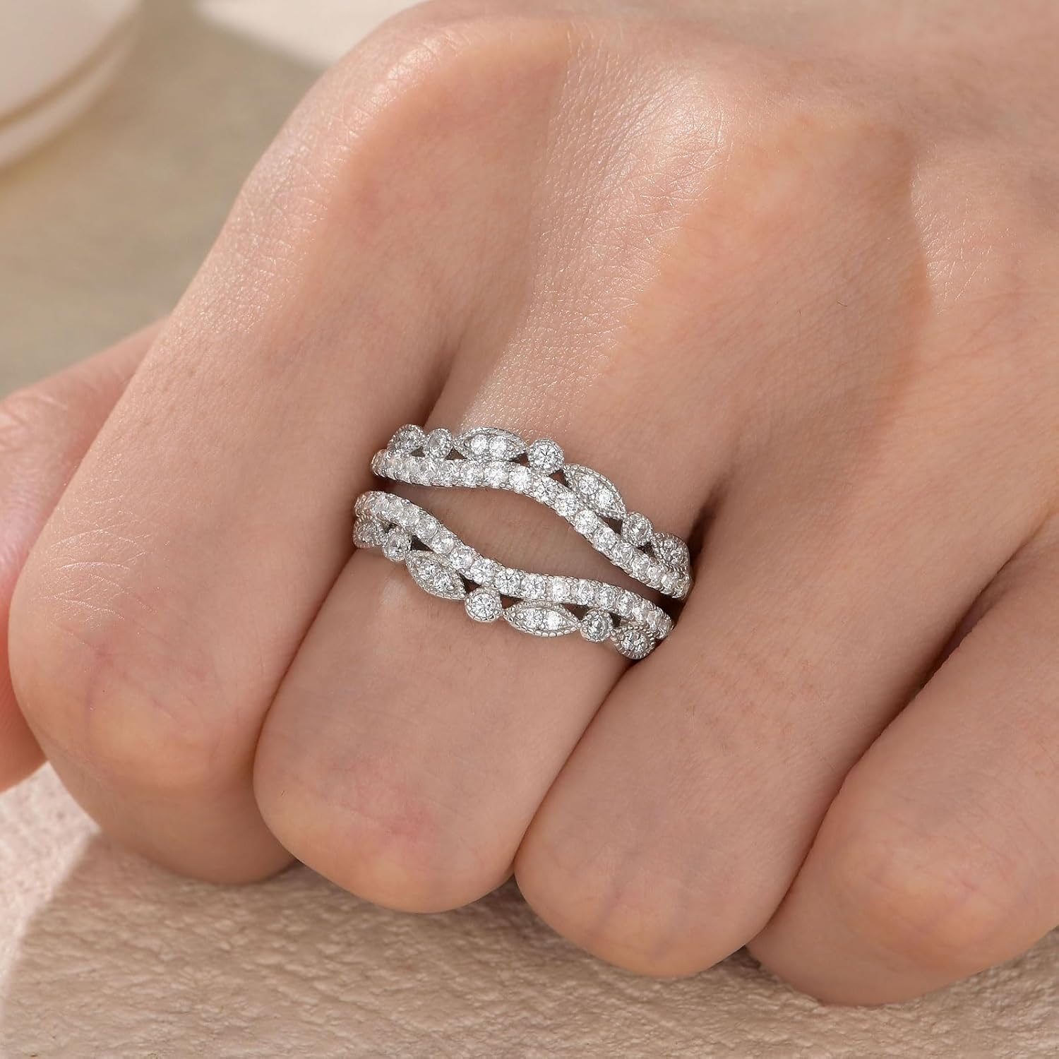 Wuziwen Vintage Wedding Bands for Women Curved Ring Enhancer for Engagement Rings Guard Wrap Stackable 925 Sterling Silver Cubic Zirconia - Image 3