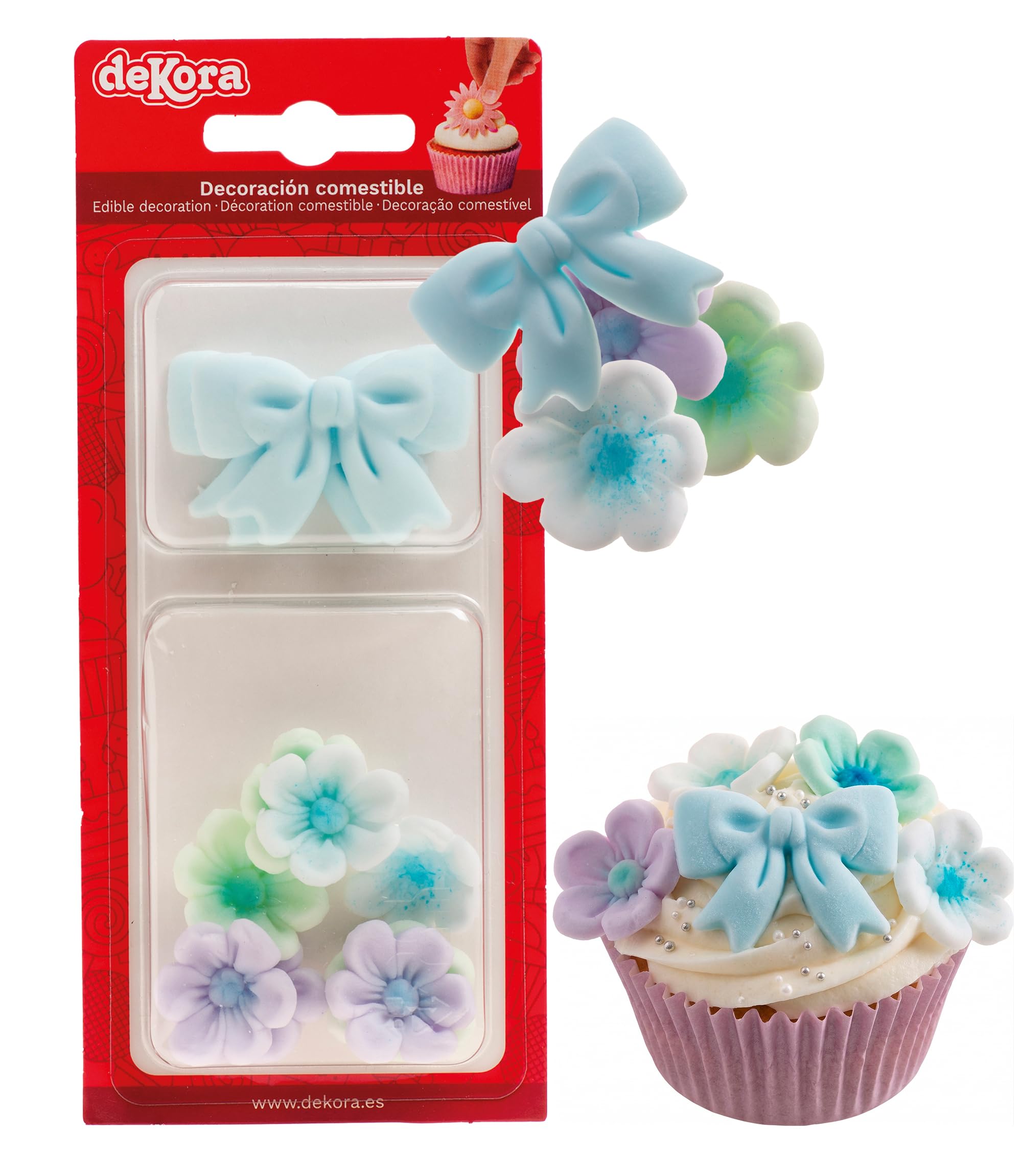 dekora - Sugar Flowers for Cakes, Edible Cake Decorations with 7 Flowers and 2 Blue Bows, Ready to Use Cupcake Decorations for Baby Shower, Gender Reveal and Birthday Cakes
