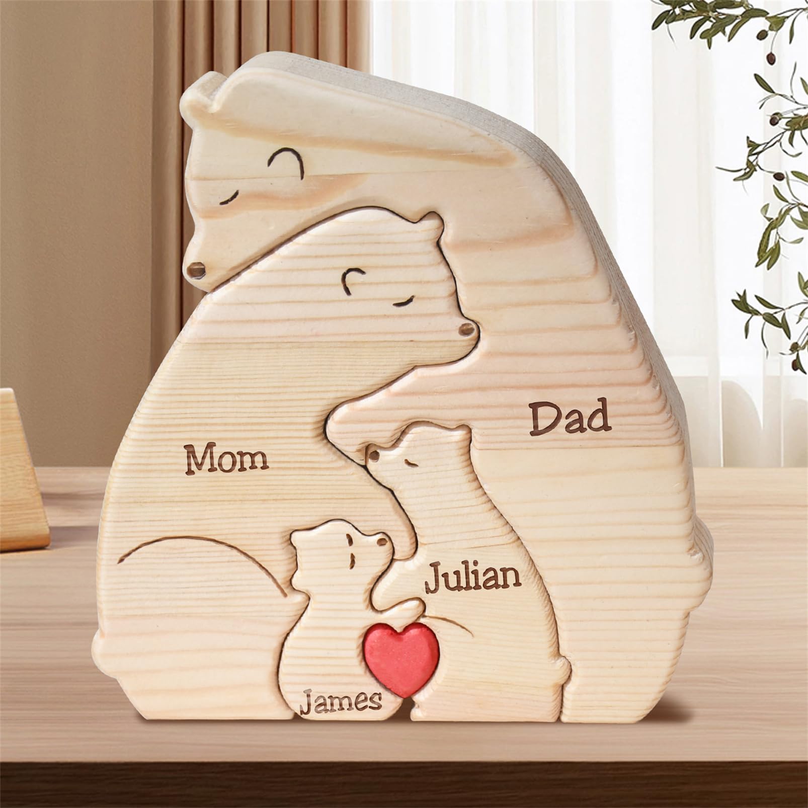 Personalized Family Name Puzzles with 2-8 Names Custom Wooden Bear Puzzle with Name Customized Wooden Puzzle Gifts for Christmas (Hug Bear)