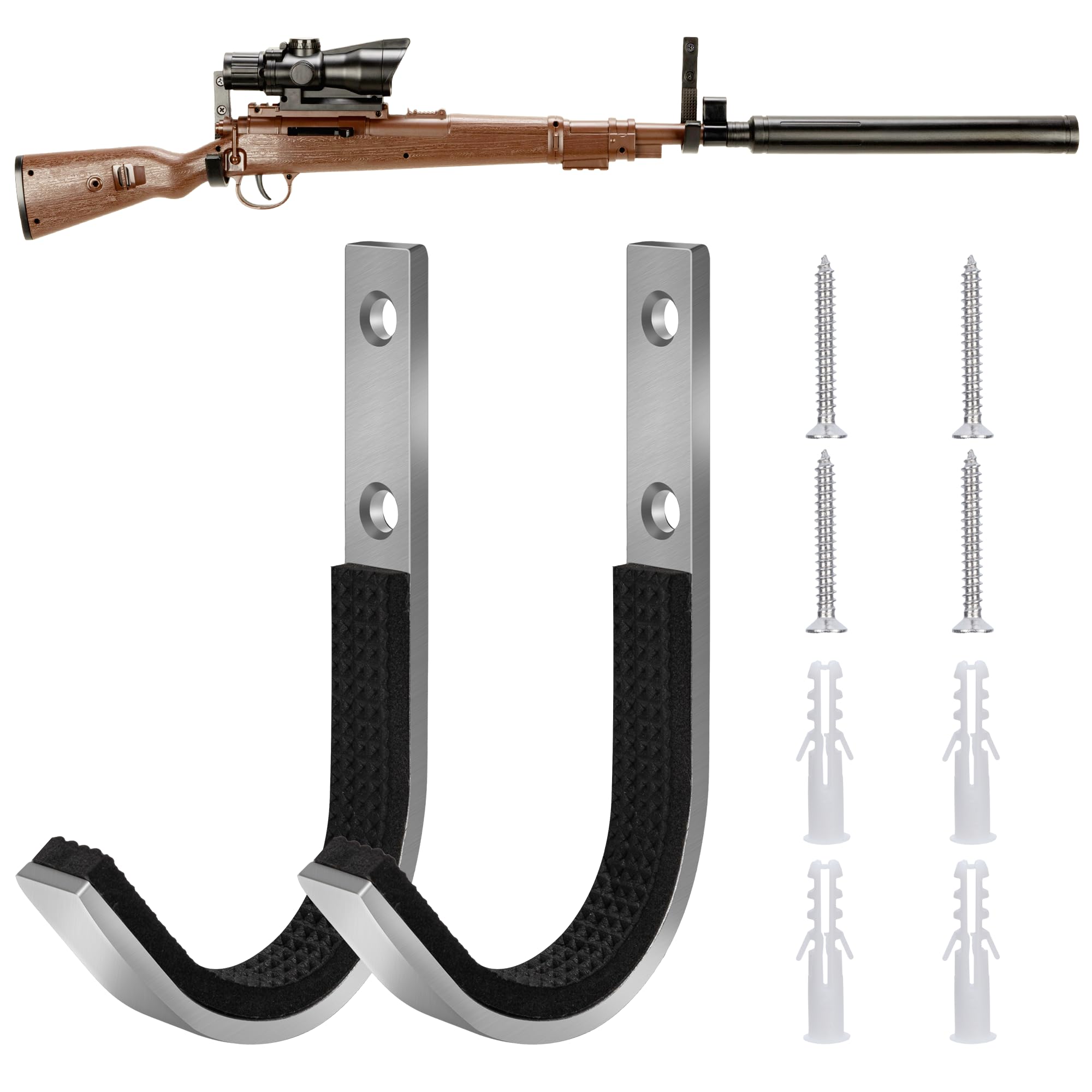 Stainless Steels Gun Rack Storage Wall Mount Shotgun Rifle Hook Horizontal Gun Hanger for Any Rifles Shotguns Archery Bow and Sword with Soft Padding, Wall Storage & Display Heavy Duty Steel 2 Pack