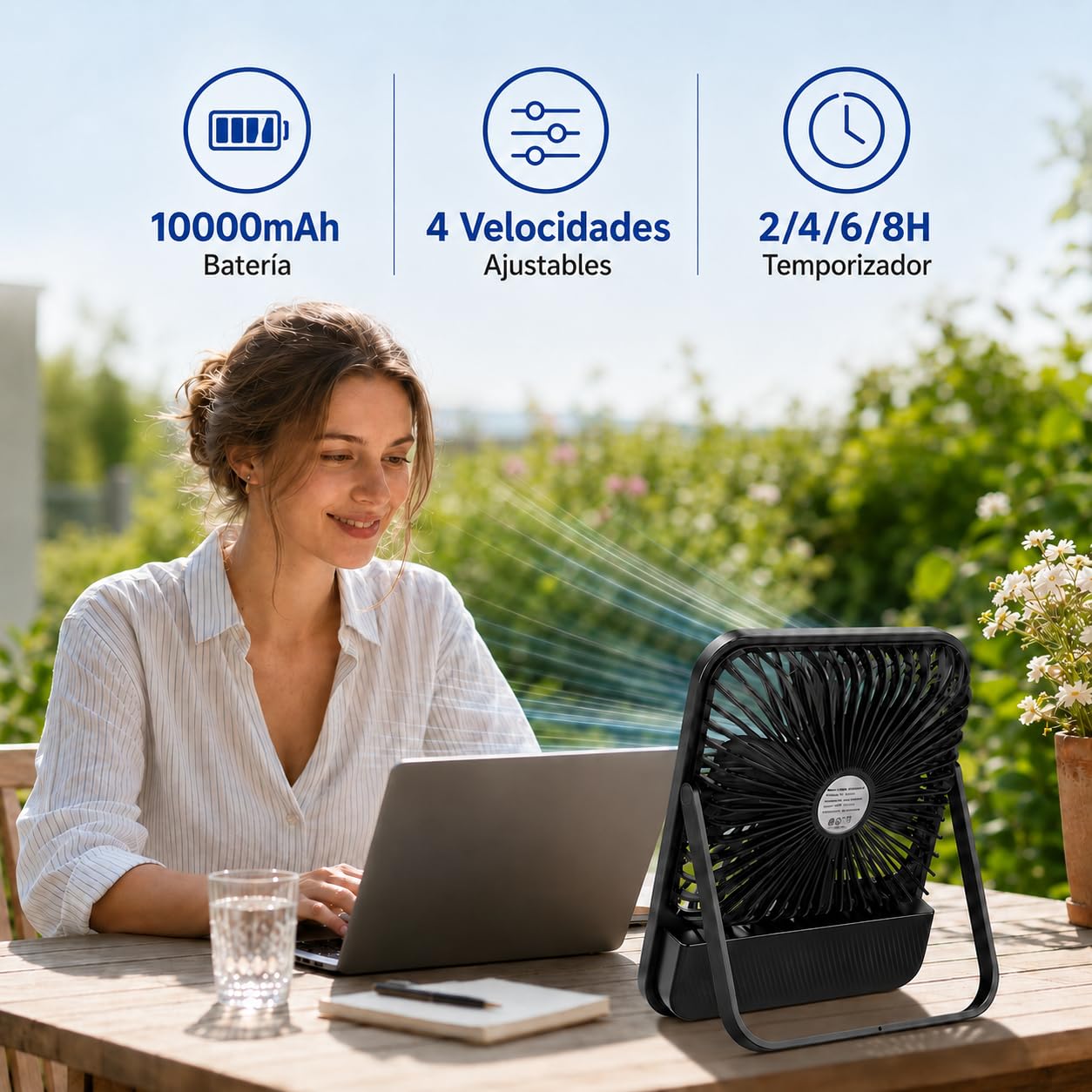 Ventilador portátil de 10000 mAh, 28 horas de autonomía, 4 velocidades, temporizador de 2 a 8 horas, indicador LED, USB-C, para oficina, camping y viajes