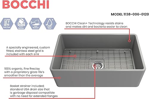 Miniatura 31 de BOCCHI Classico Farmhouse Delantal de arcilla refractaria delantera de 20 pulgadas. Fregadero de cocina de un solo tazón con rejilla inferior Café