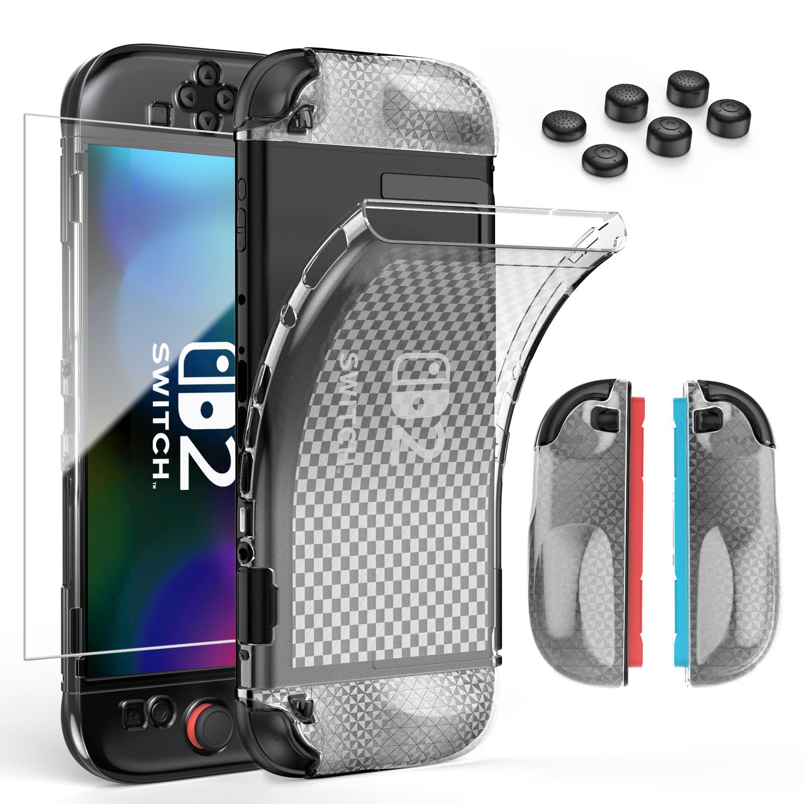 HEYSTOP Carcasa Compatible con Nintendo Switch 2, Funda Protectora Transparente de TPU Suave Acoplable Compatible con Nintendo Switch 2 Joycon Grips con Protector de Pantalla de Vidrio Templado