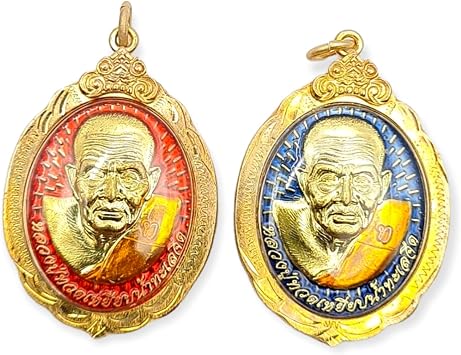 Genuine Beautiful LP Tuad Thai Buddha amulets B.E. 2559 Lucky life strong powerful holy spirituality Best protection Thai Amulets. Set of 2, Blue and Red Long-Ya Thai Art paint technique