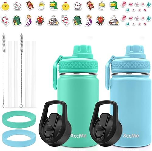 Botella de agua para niños de 12 onzas con 4 tapas, paquete de 2 botellas de agua para niños escolares, botella de agua de metal para niños, termo