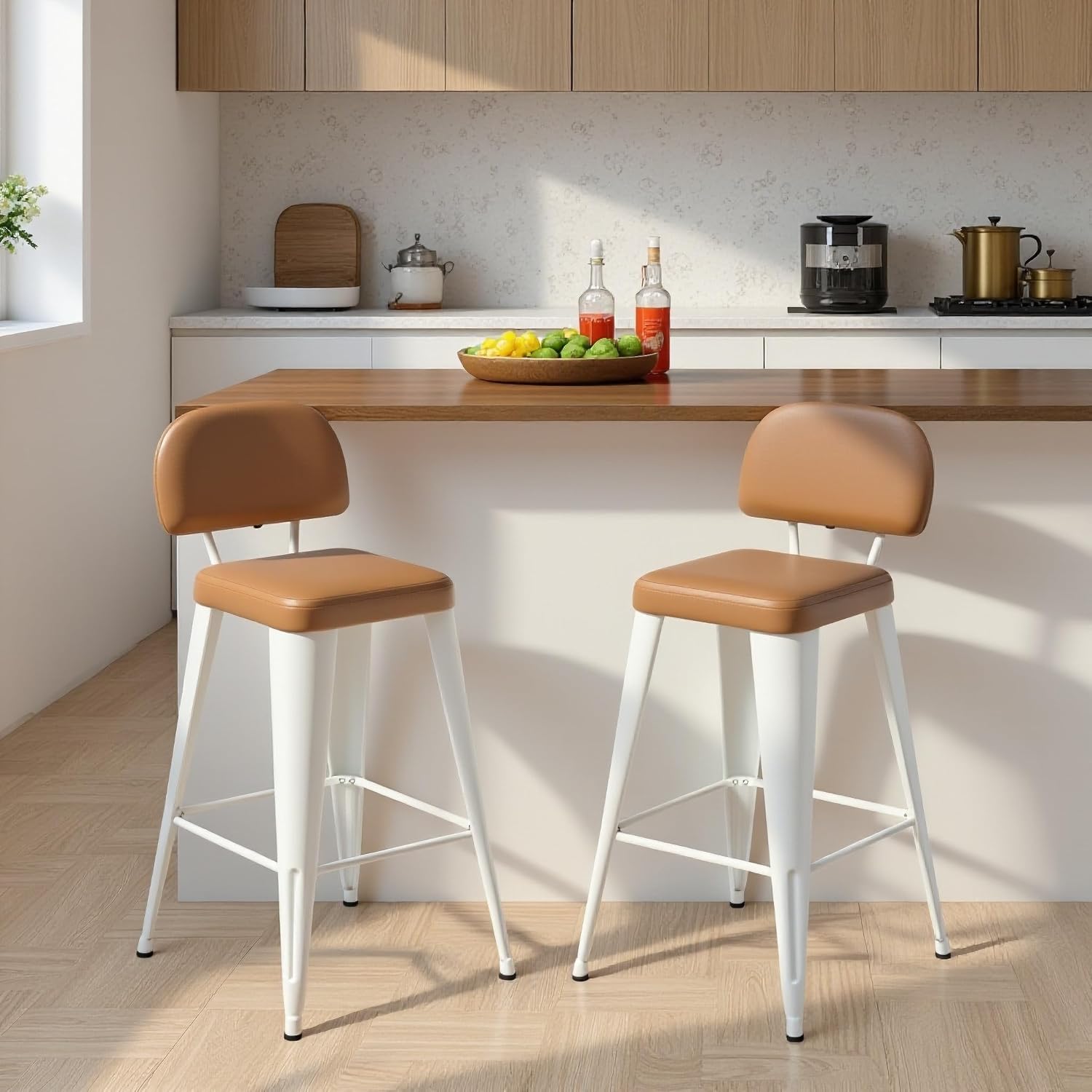 24 Inch Metal Bar stools Set of 2, Upholstered Counter Height Bar Stools with Removable Back & Metal Legs, Industrial Barstools for Kitchen Island, Cafe (Brown Seat, White Legs)