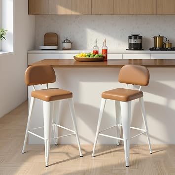 24 Inch Metal Bar stools Set of 2, Upholstered Counter Height Bar Stools with Removable Back & Metal Legs, Industrial Barstools for Kitchen Island, Cafe Brown Seat, White Legs