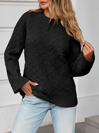 Saodimallsu Womens Cable Knit Sweater Oversized Long Sleeve Chunky Knit Crew Neck Fall Pullover Sweaters Top