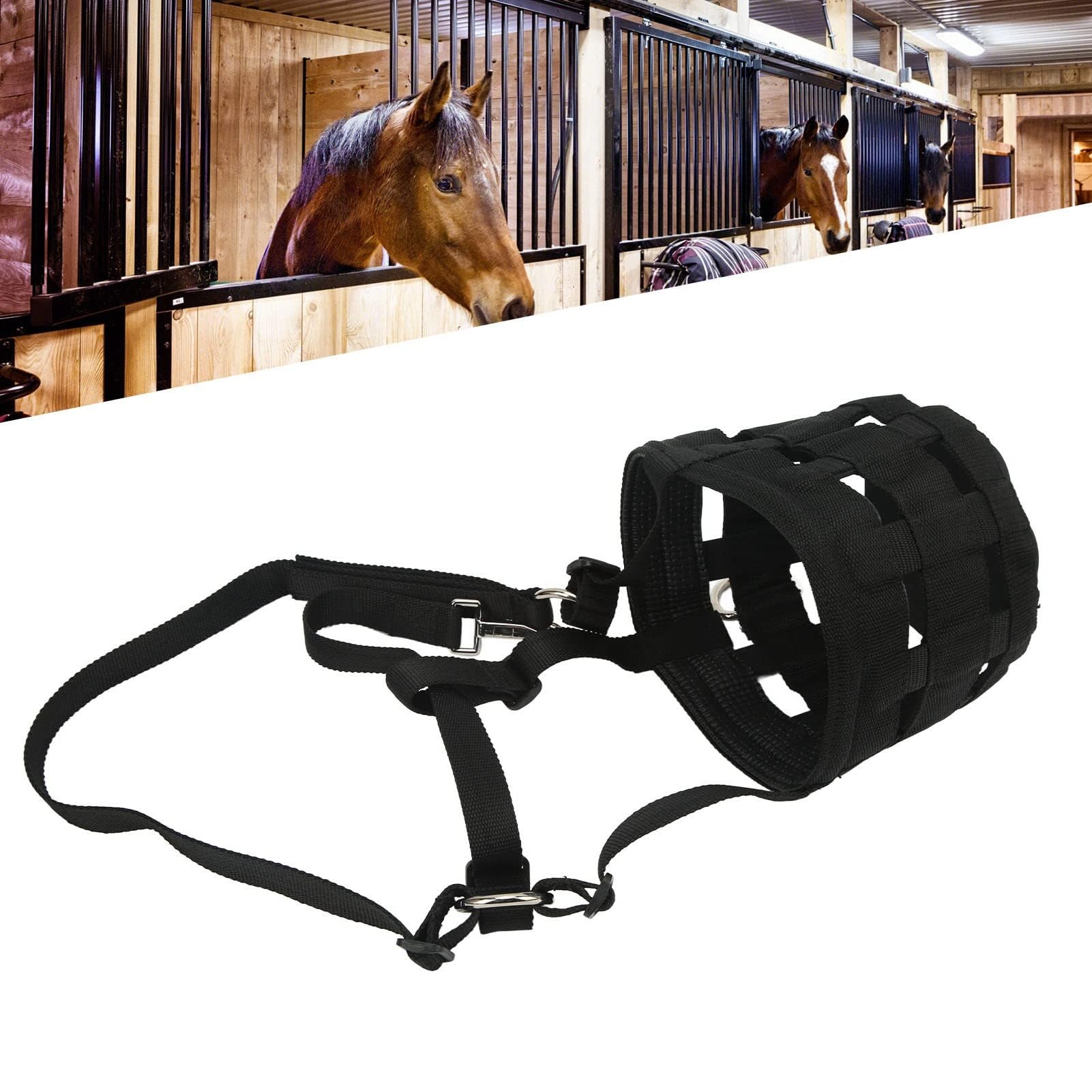 HERCHR Muselières pour Chevaux, 63 cm, protège-Bouche, muserolle, Supports de Bouche avec Grands Trous, Sangle réglable Anti-Morsure pour mangeoires équestres