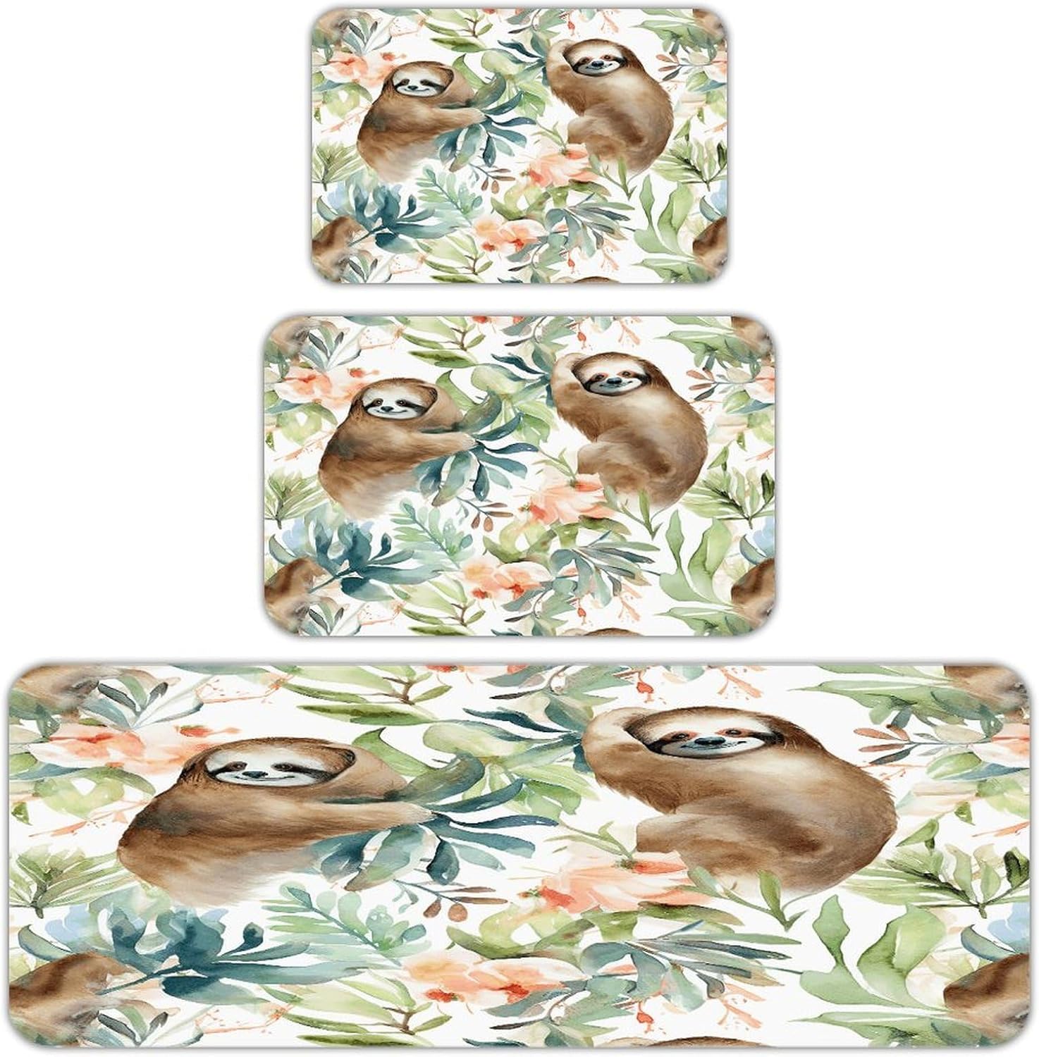 Watercolor Sloth Kitchen Mats for Floor 3PCS Waterproof Low-Profile Kitchen Rugs Floor Mat Non Slip Anti Fatigue Mats Comfort Standing Mat Runner Rug Area Rug 6"x24"+20"x31"+17"x47"