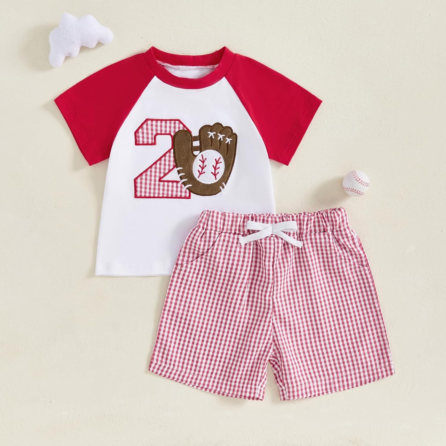 Kayotuas Baby Boy Summer Clothes Toddler Baseball Outfit 1st/2nd Birthday Outfits Applique T-Shirt Top and Gingham Shorts Set
