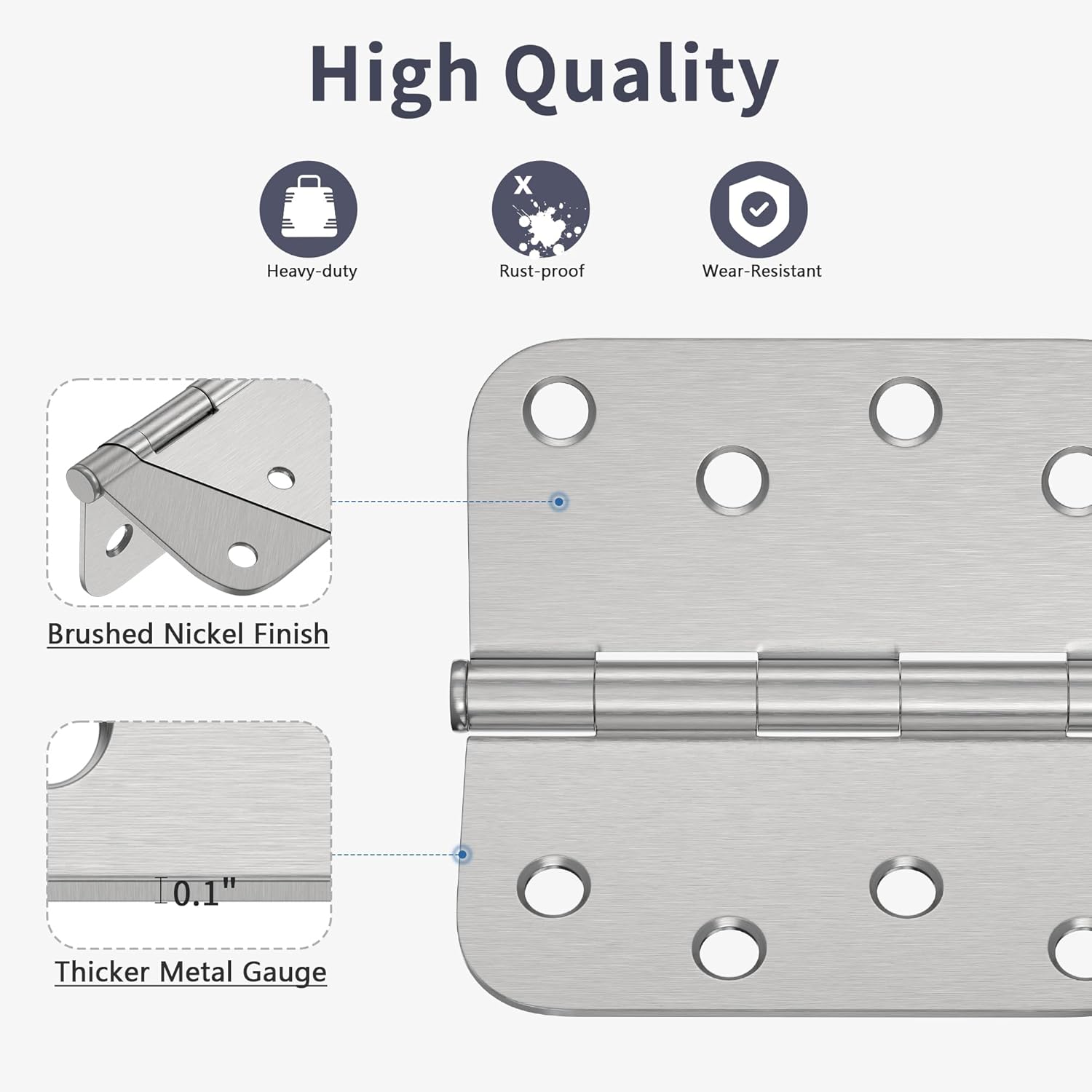 3 Pack Door Hinges 4 Inch, Brushed Nickel Hinges with 5/8" Radius & Square Corners, Removable Pin, Exterior Door Hinges Perfect for Heavy-Duty Front & Back Door, Anti-Rust & No Squeaks