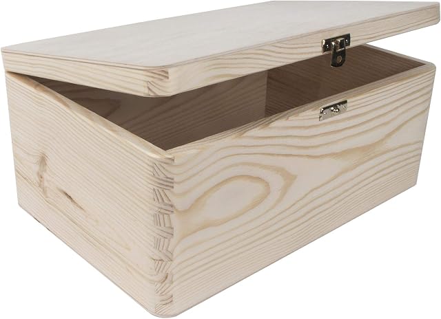 Wooden Storage Box with Lid and Gold Clasp | 30 x 20 x 13 cm | Plain Unpainted Decorative Lidded Chest Keepsake Memory Trunk | Box for Craft Decoupage | Christmas Eve Box