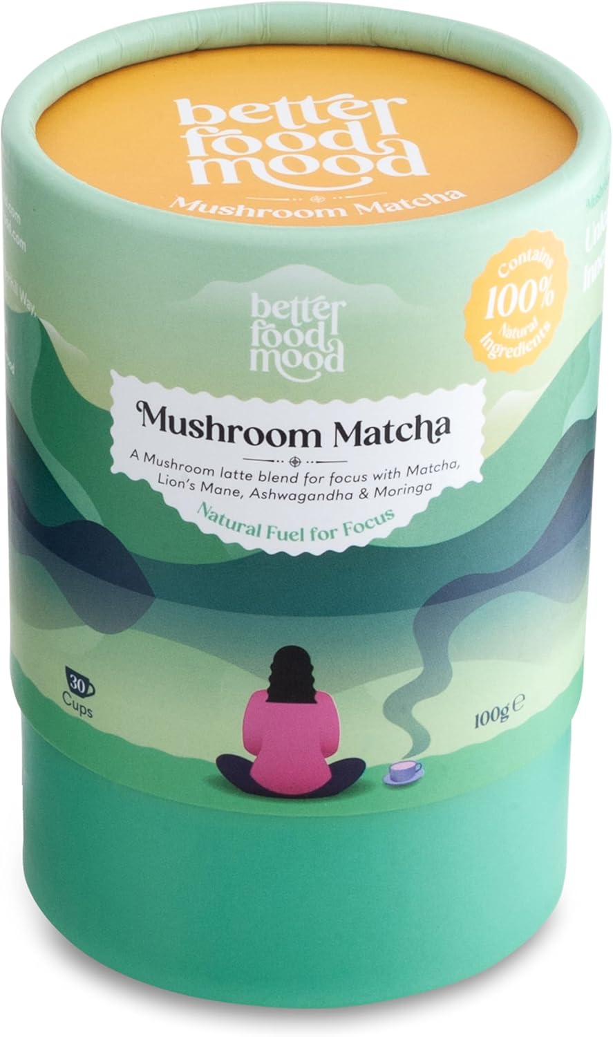 Better Food Mood Lion’s Mane Mushroom Matcha Latte Powder 100g | Energy, Focus – Adaptogenic Ashwagandha Lions Mane Matcha Moringa Mushroom Blend