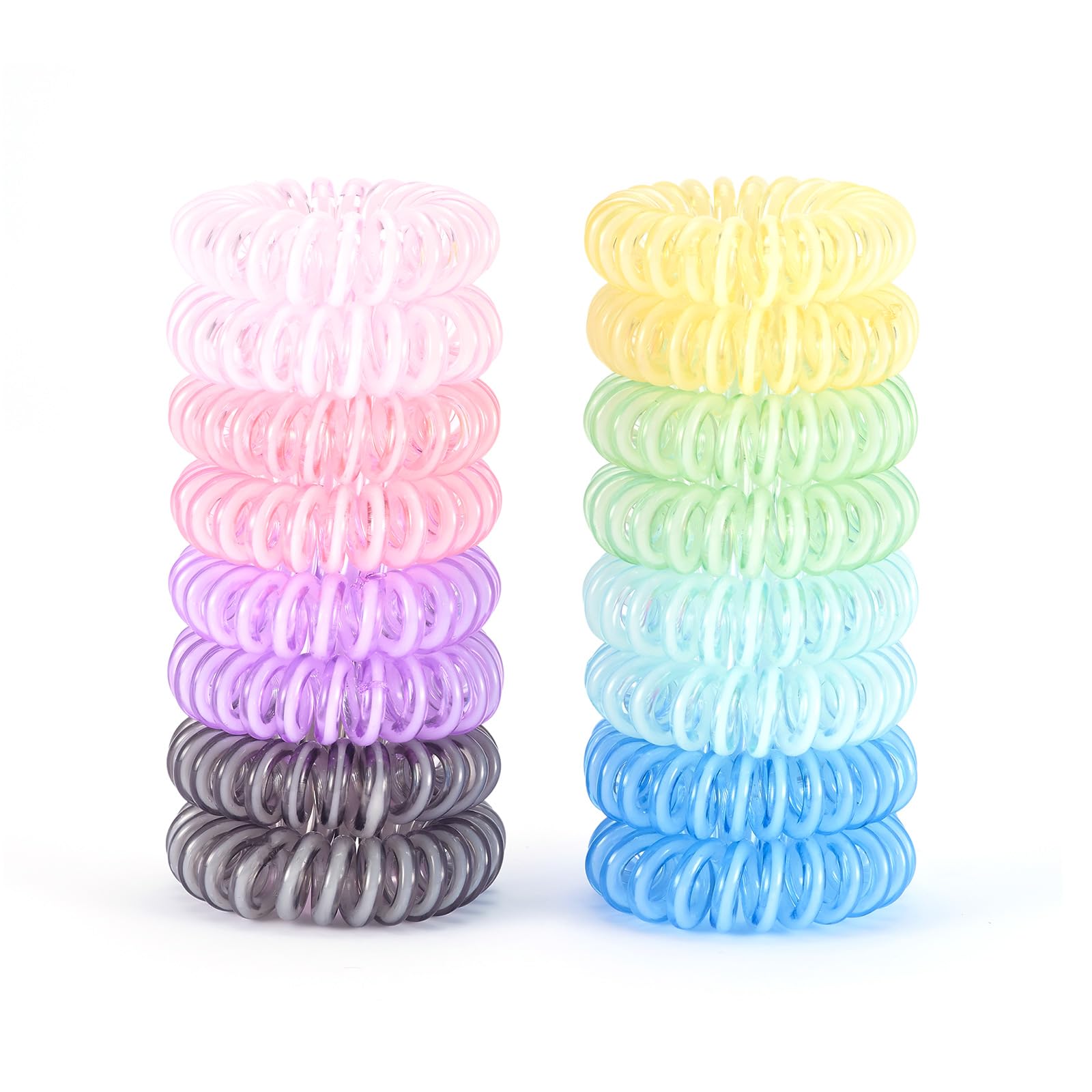 QIUTIMIY 16Pcs Spiral Hair Ties, (Clear Colourful) Hair Elastic Coils for Women and Girls, Waterproof Phone Cord Hair Scrunchies Accessories Bands for