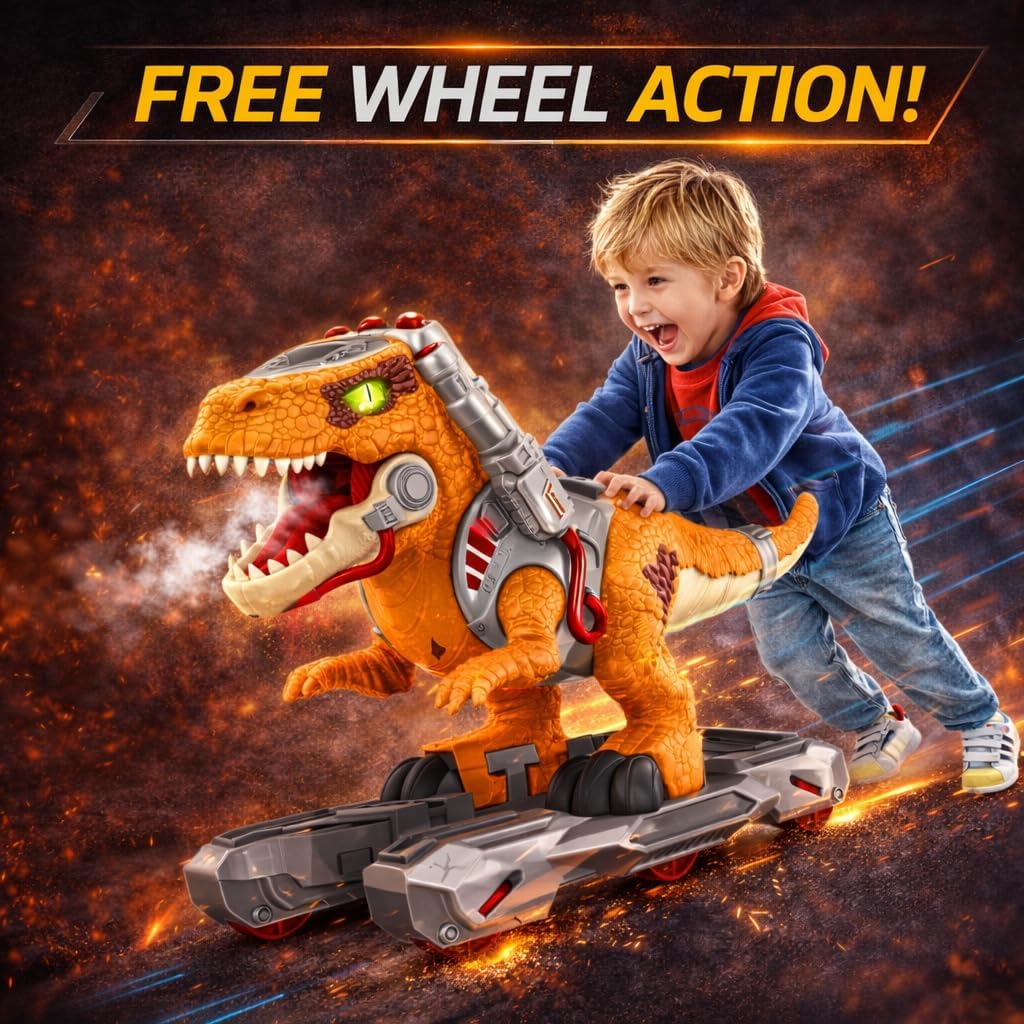 Dinosaur Ride On Push Car for Little Kids, Battery Operated Push & Ride Electric Foot-to-Floor Sliding Rideable Toy Scooter with Music, Light & Smoke for Toddlers