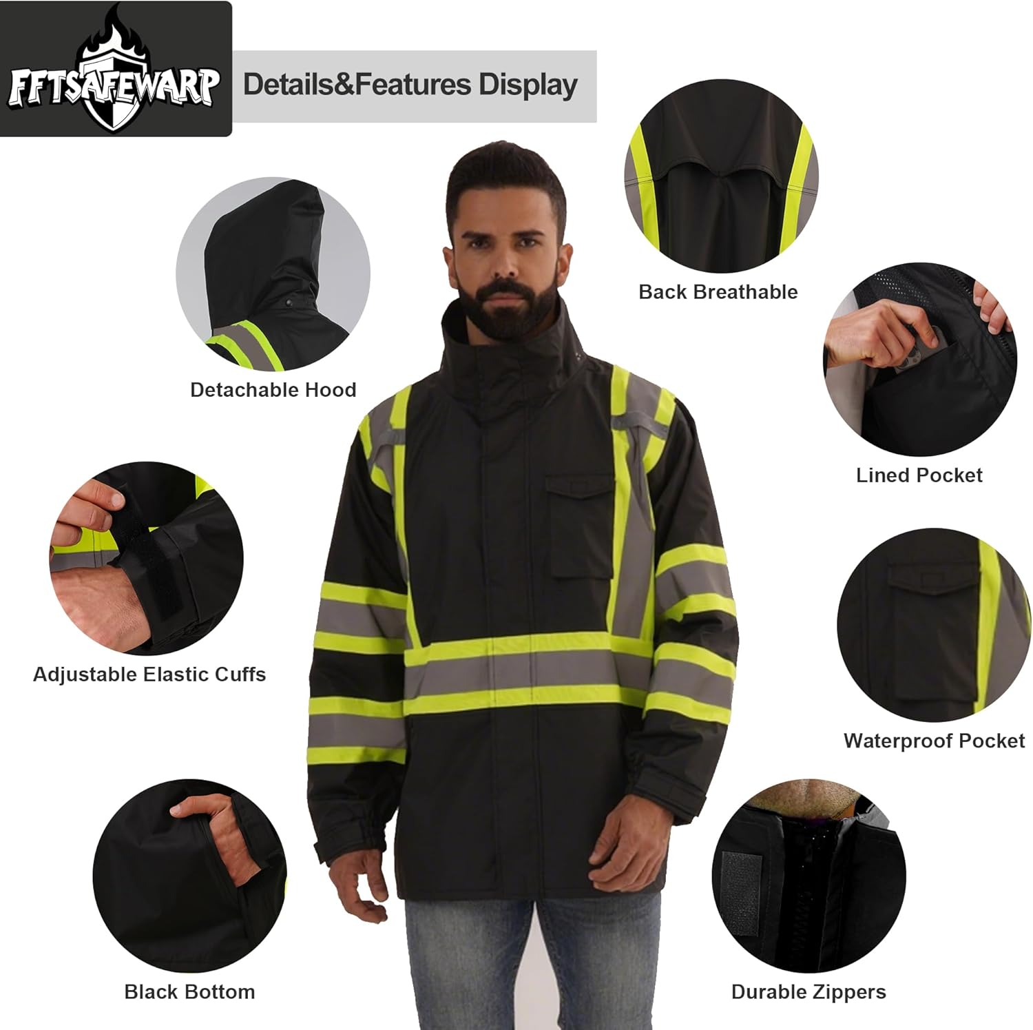 Hi Vis Rain Jackets for Men Reflective Waterproof High Visibility Class 3 Safety Rain Coat with Black Bottom
