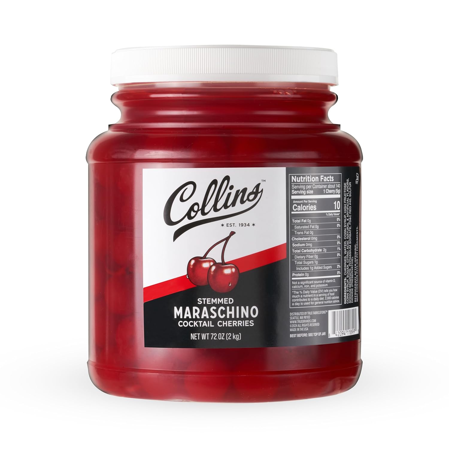 Collins 72 oz Stemmed Maraschino Cherries, Bulk Cocktail Garnish for Mocktails, Desserts and Ice Cream Sundaes, Bright Red Cherries with Stems for Party Supply, Food Service & Bars, 4.5 Pound Jar