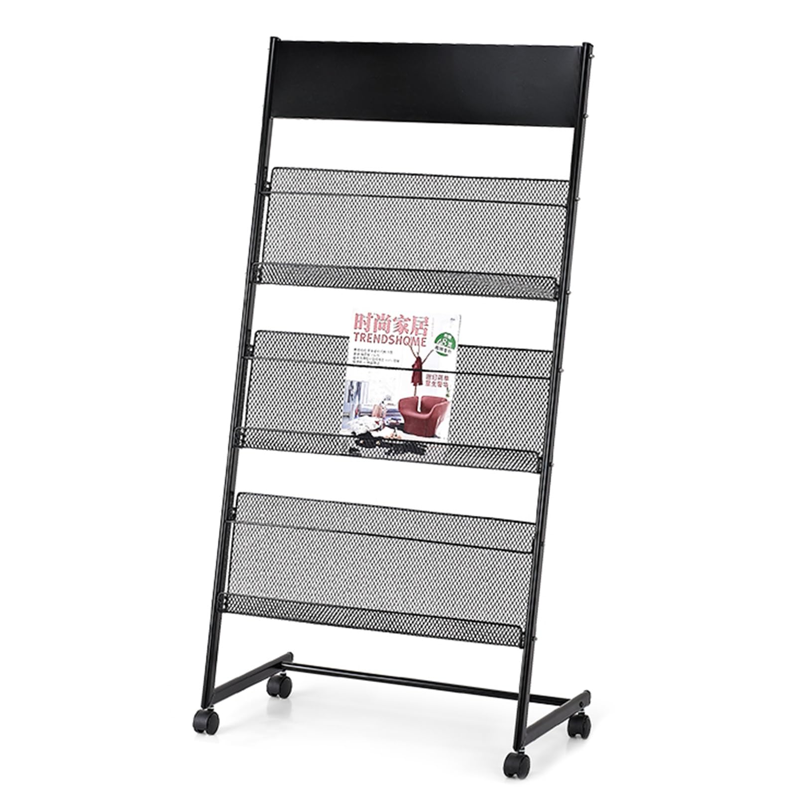 ASerZenith 3 Tier Magazine Holder with Shelf and Wheels, Literature Magazines Storage Racks, Portable Catalog Flyers Display Organizer Stand, Signing Rack