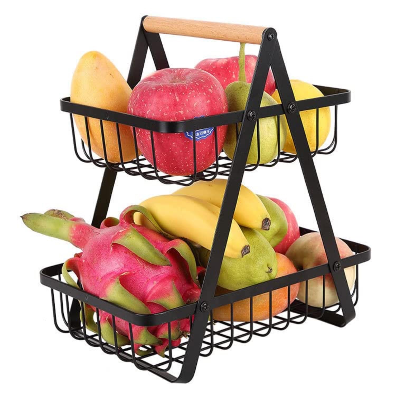 MEESOGA XL 2-Tier Fruit Basket Stand with Wooden Handle - Extra Large Fruit Bowl Holder Bread Basket Vegetable Rack, Detachable Metal Fruit Holder for Fruit Vegetables Snacks for Home Kitchen Office