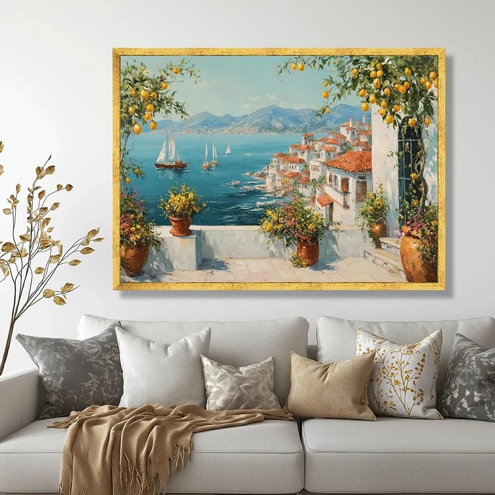 LTjiajuypd Canvas Prints Coastal Village, Lemon Tree Terrace Wall Art Seaside Landscape Painting Nautical Decor(60x85cm)