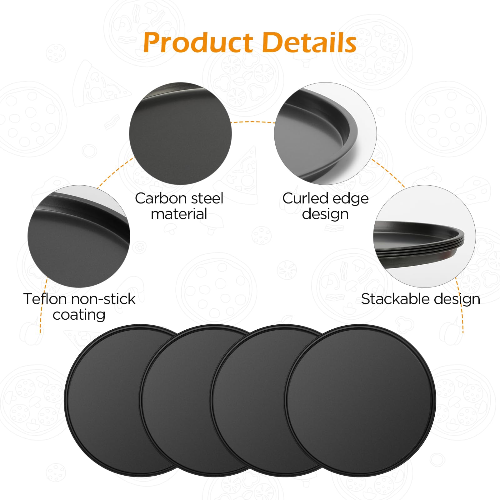 Romon plaque pizza Set de 4, 26 cm, Acier au Carbone avec Revêtement Teflon, Anti-adhésif, Sain et Durable, Idéal pour les Pizzas Maison