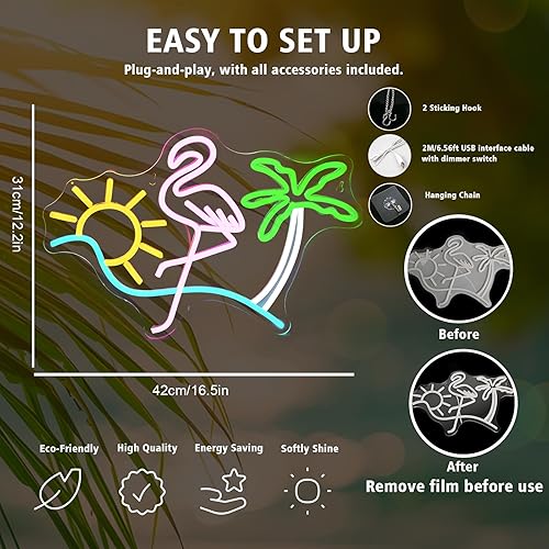 Miniatura 2 de Letreros de neón con forma de flamenco y palmera de sol para decoración de pared, divertido letrero de luz LED regulable de neón LED alimentado por