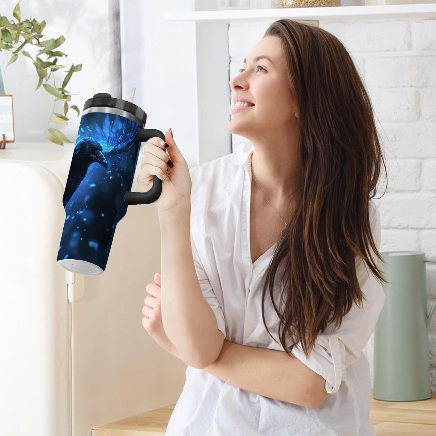40 oz Tumbler Crow Blues with Handle and Straw Lid Vacuum Stainless Steel Insulated Water Bottle Travel Mug Car Cup Holder Friendly for Gym Travel Office