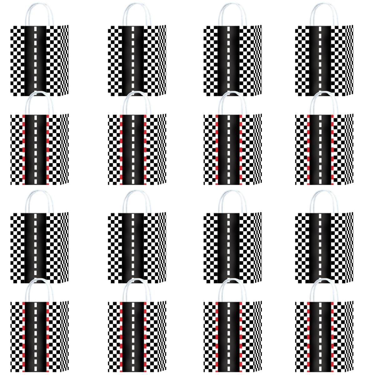 16 Packs Checkered Gift Bags with Handles, 22x16x8 cm Racing Paper Gift Bags with Twist Handles for Kids or Adults in Birthday party, Weddings, Events or Shopping (wheel)