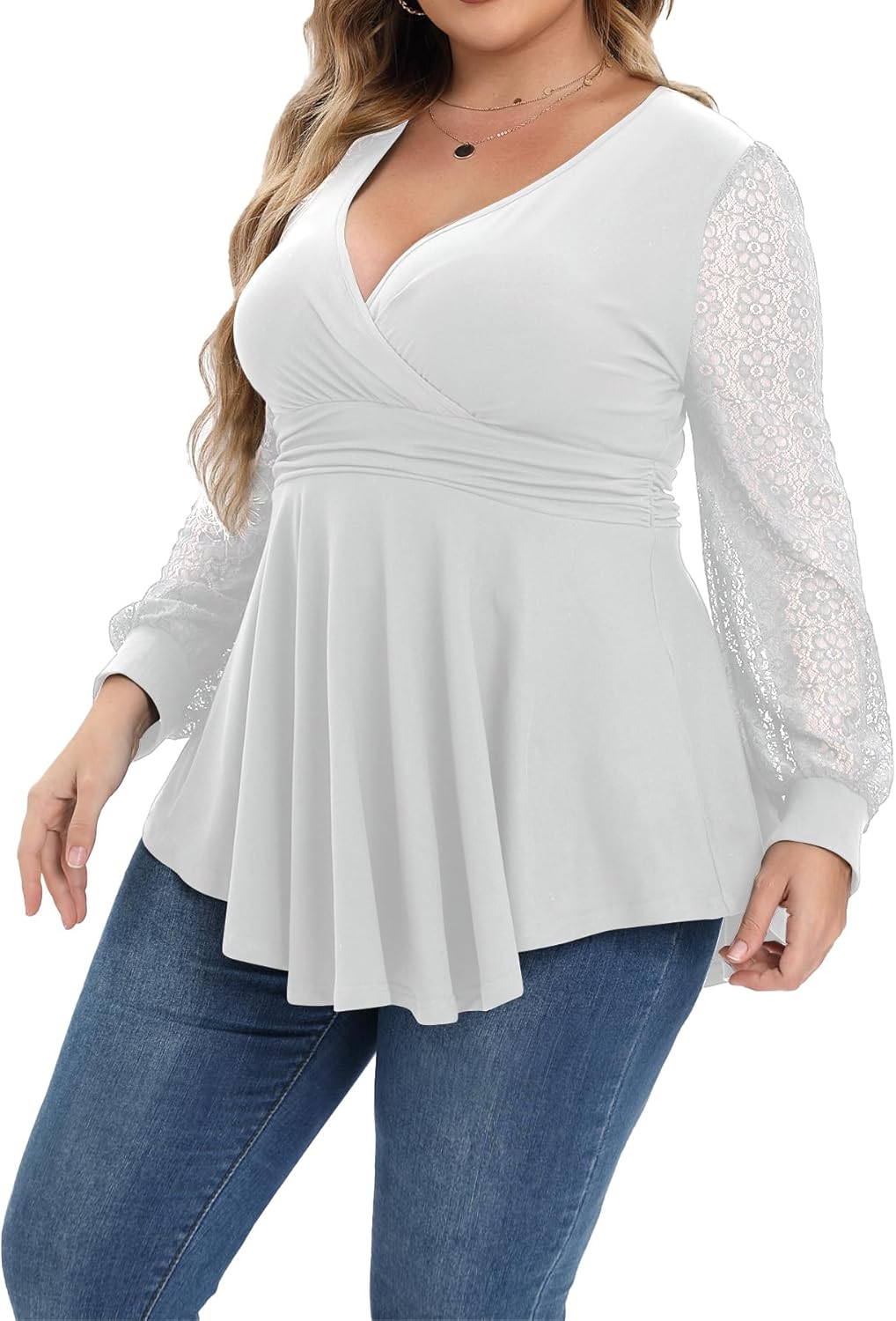 Plus Size Tops for Women Lace Long Sleeve Fall Shirts Casual Dressy Wrap V Neck Pleated Tunic Top - Image 4