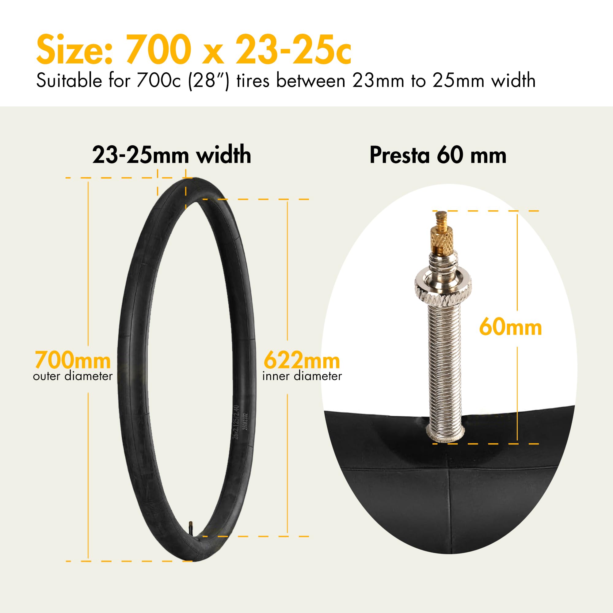 700x23c/25c Bike Tubes, 60mm Presta Valve, 2 Pcs 700x25c