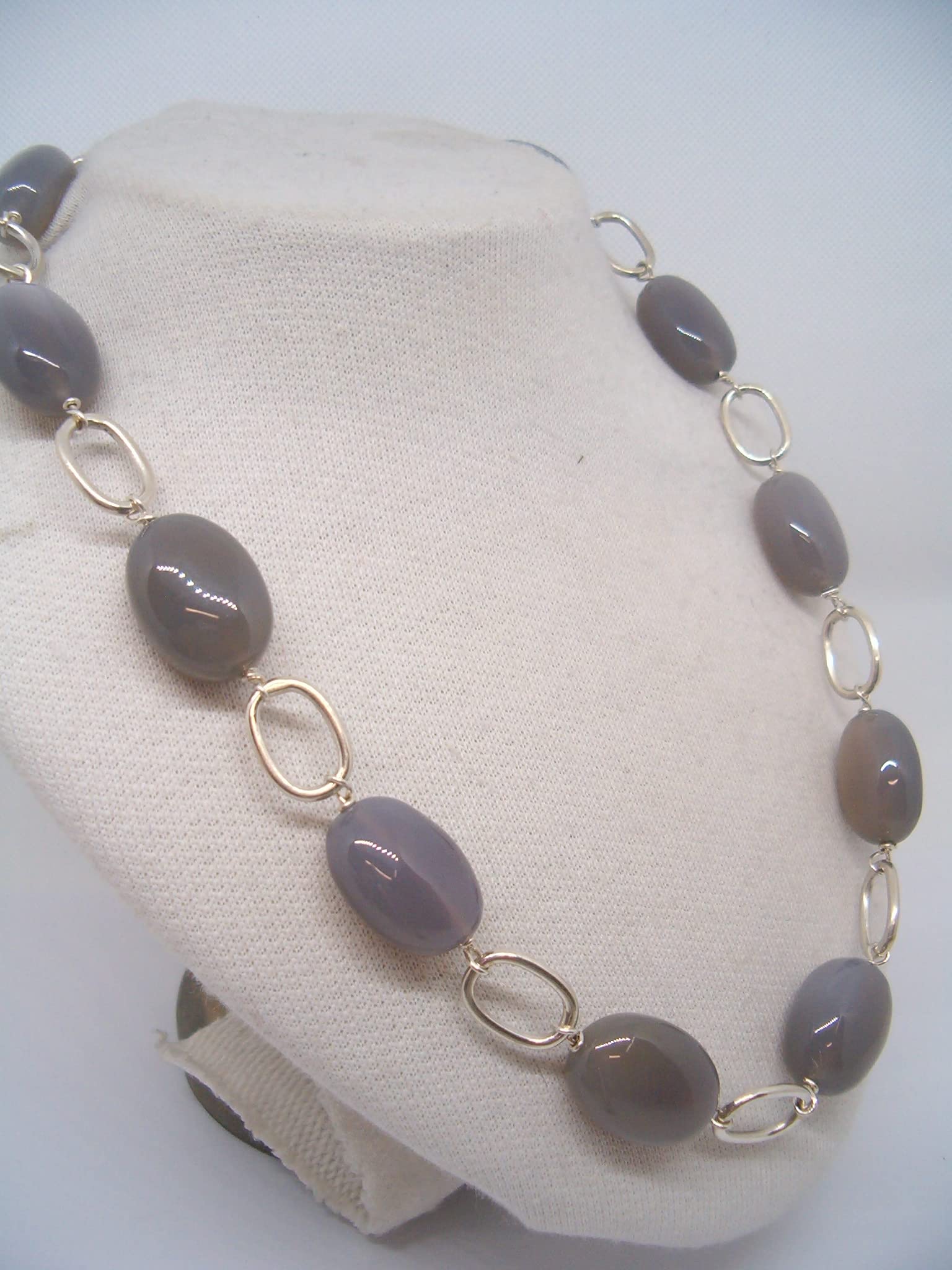Collana in Argento 925 e Agata Grigia Naturale - Girocollo con Pietre Dure - Chiusura con Moschettone