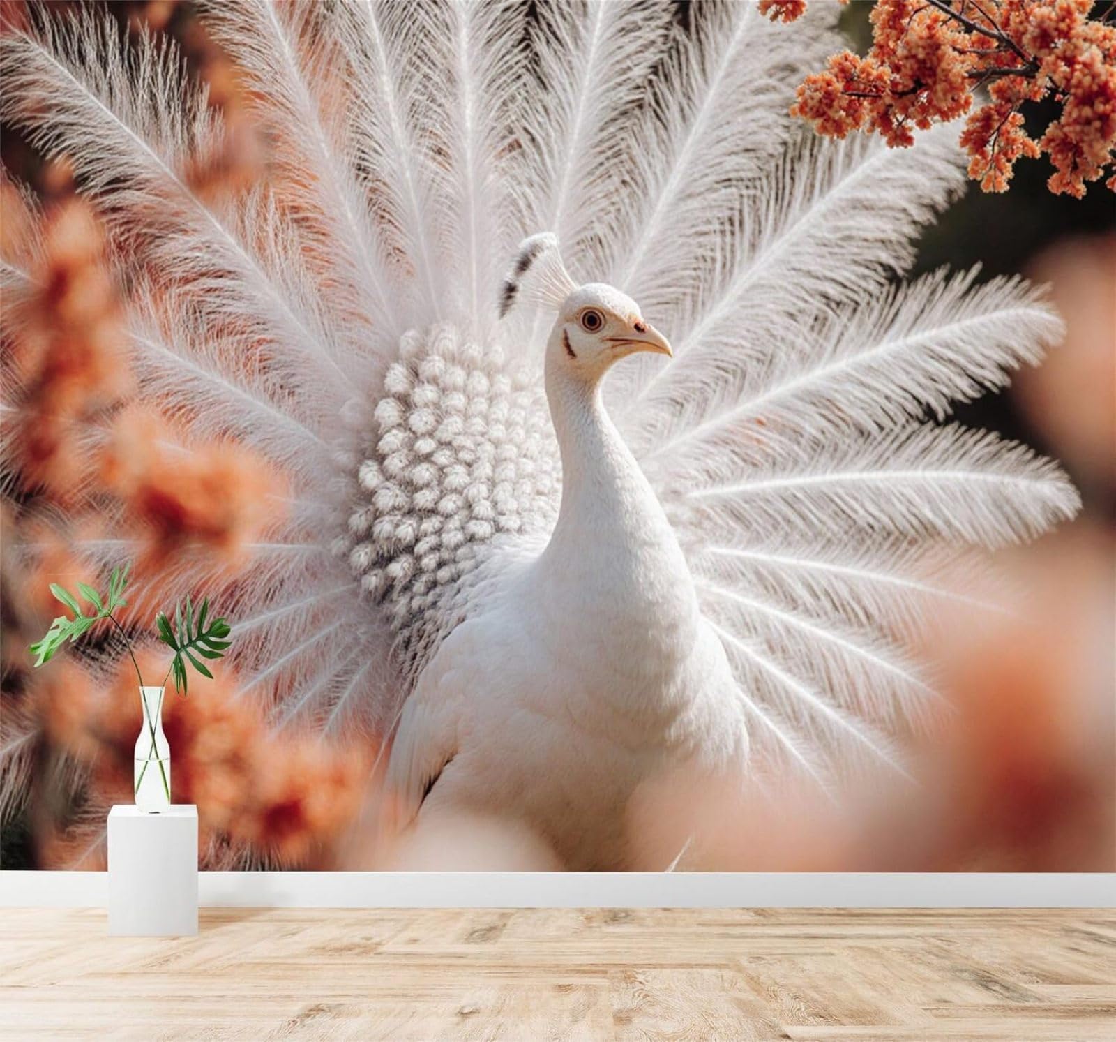 XLMING Beautiful White Peacock Elegant Feathers Soft Pink Flowers 3D Wallpaper Silky Texture Home Study Office Grey Dining Room Sofa Bedroom Living Room TV Backdrop-200cm×140cm