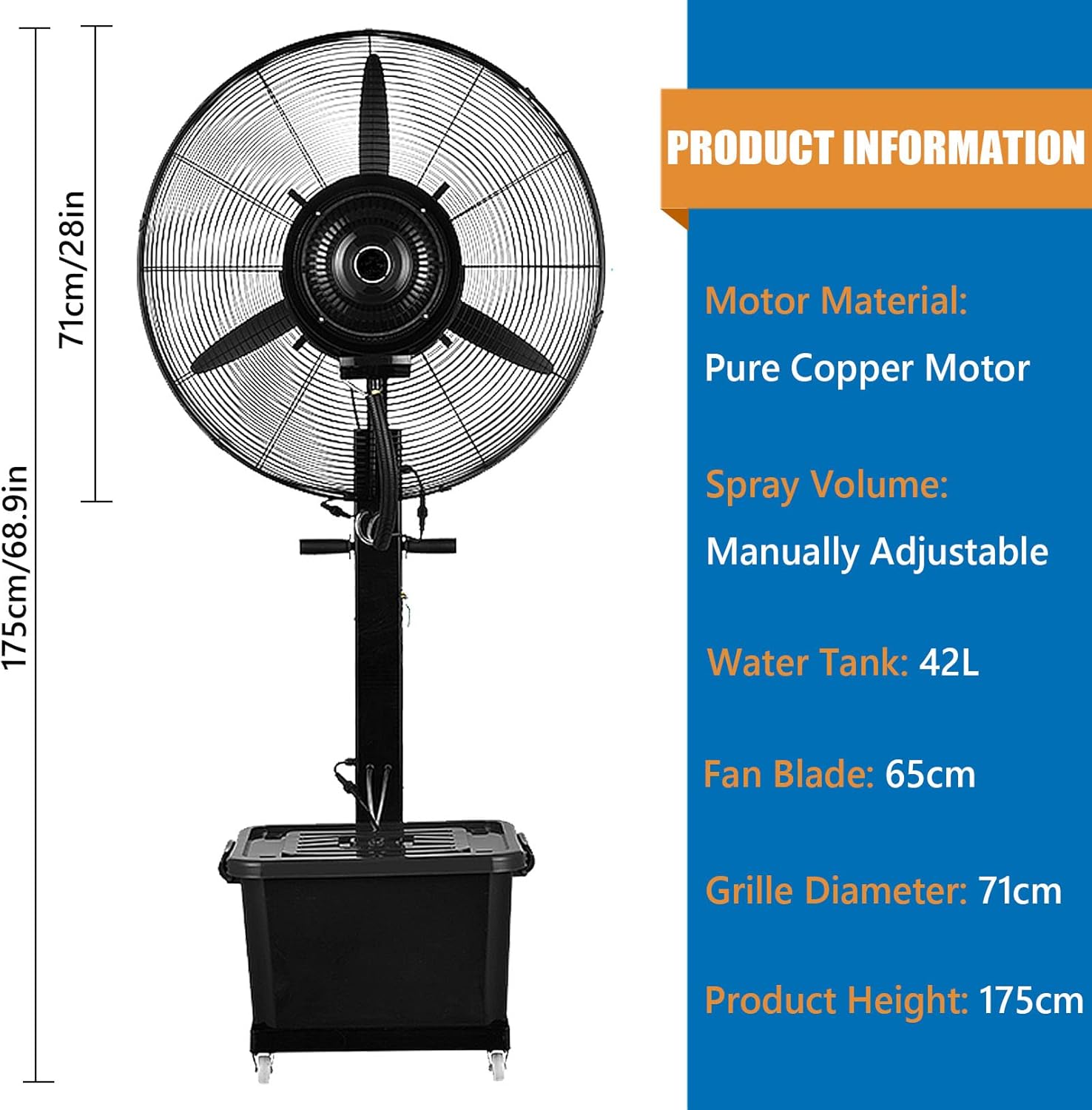 Outdoor Island Misting Fan, 3 Cooling Speeds Pedestal Fan with 11 Gallon Tank, Art Deco Pedestal Fan for Backyards, Patios and More, 90° Oscillation, Black